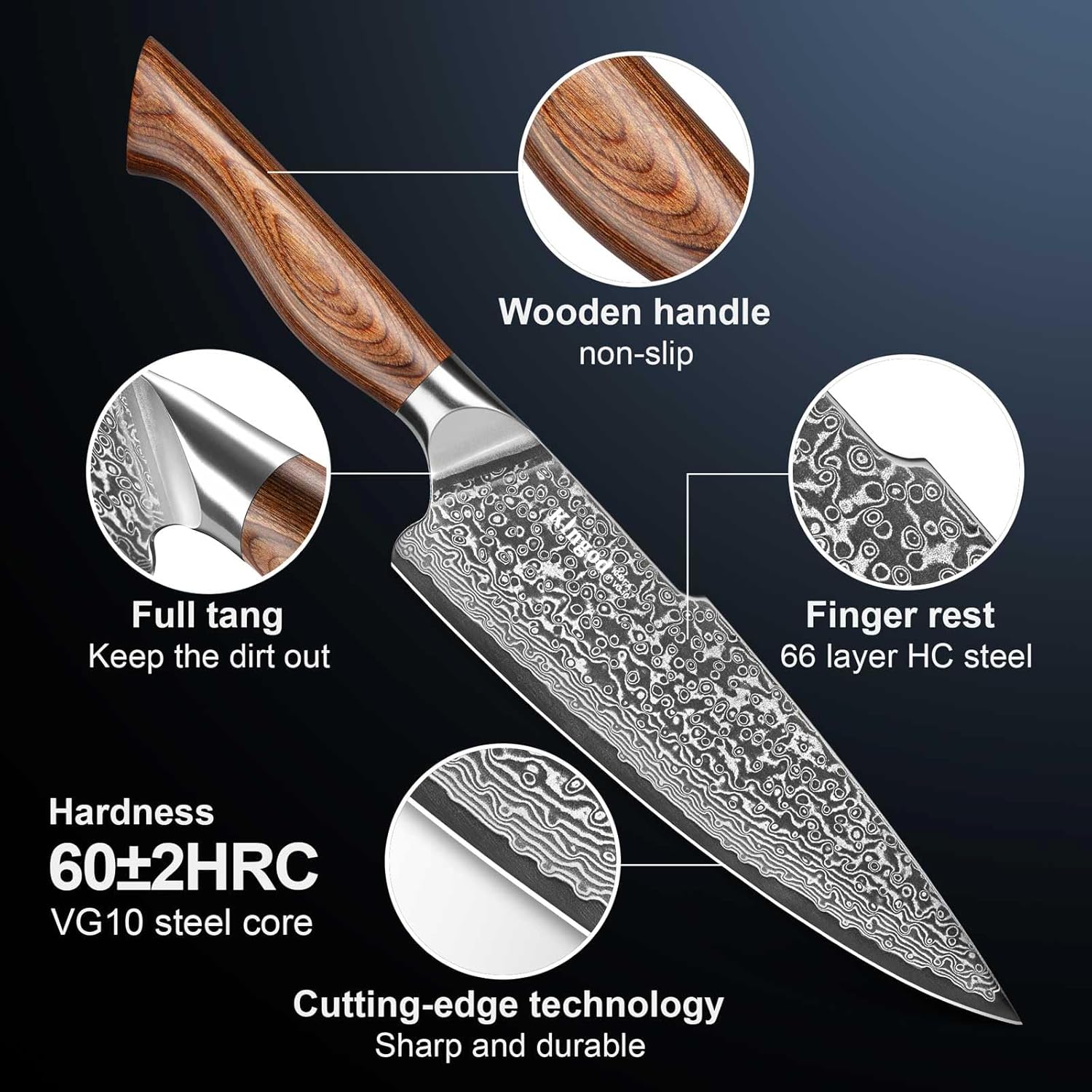 KINGOD Cuchillo de chef japonés VG10 de 8 pulgadas, cuchillo de cocina súper afilado, mango ergonómico, cuchillo de cocina multiusos, cuchillo de