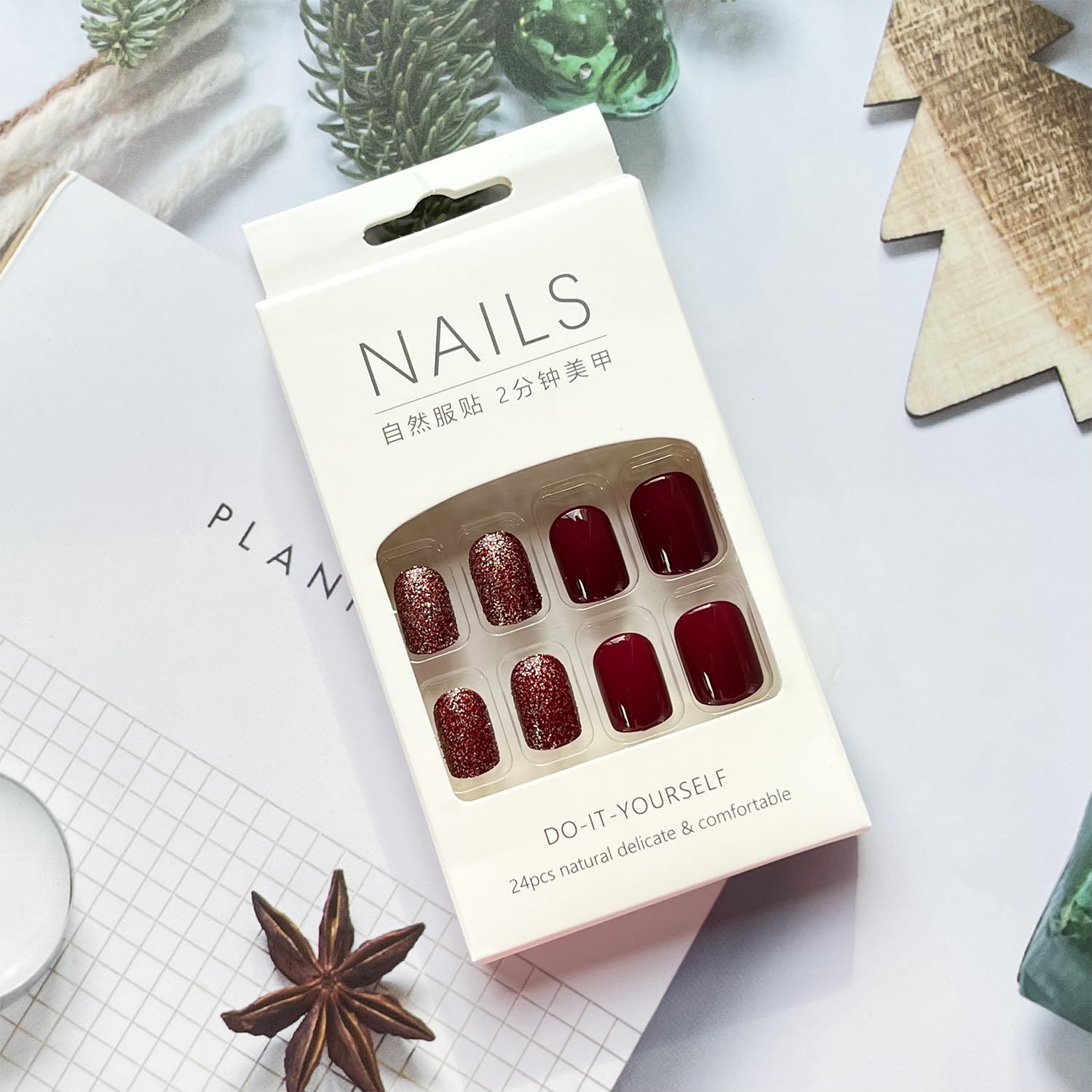 24 uñas postizas cuadradas cortas a presión, color rojo vino, uñas postizas con diseños, uñas acrílicas con purpurina, uñas con pegamento brillante
