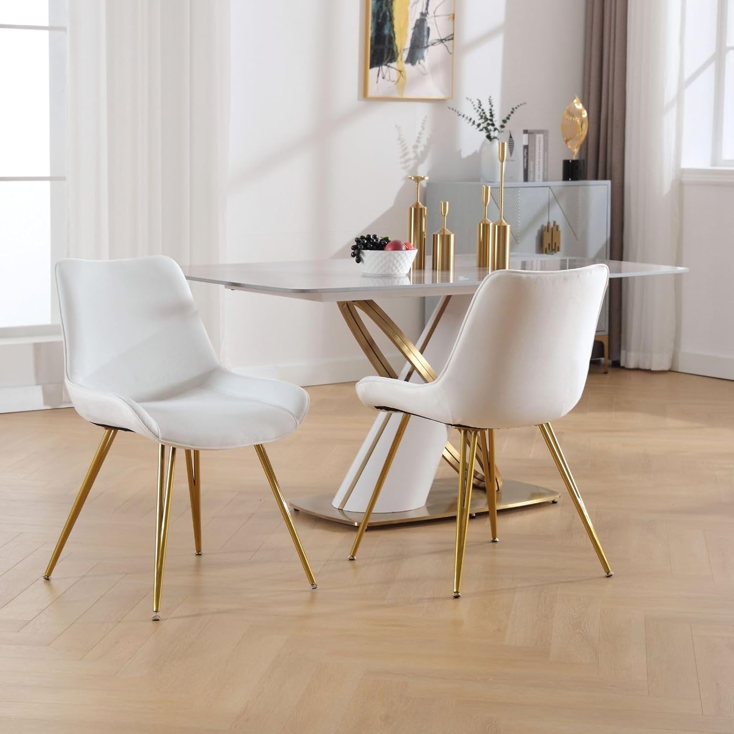DUOMAY Juego de 2 sillas de comedor modernas, de terciopelo, tapizadas, sin brazos, sillas de sala de espera con patas de metal dorado para cocina,