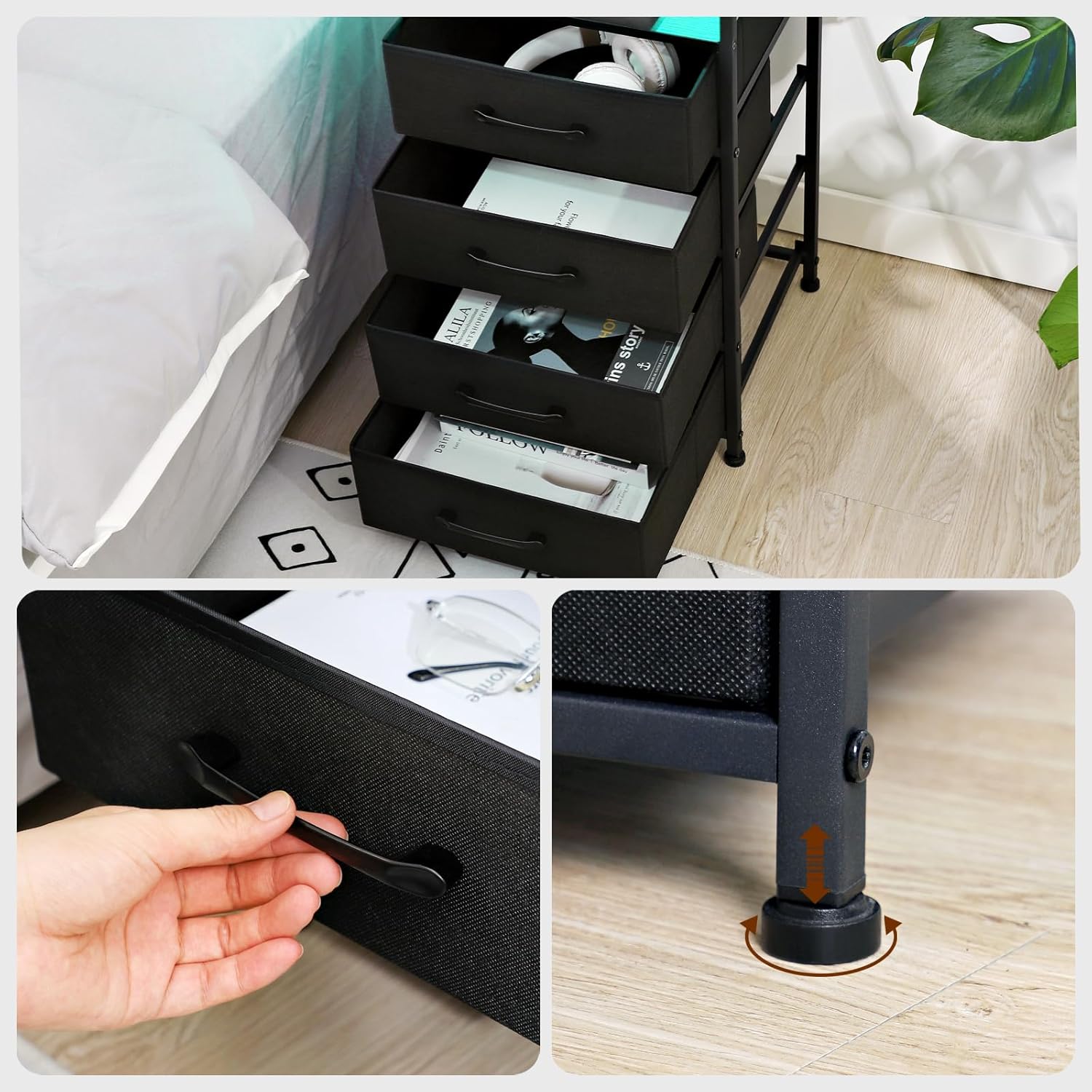 LOAKEKEL Juego de 2 mesitas de noche LED, mesita de noche negra con estación de carga, cómoda alta con 4 cajones de almacenamiento