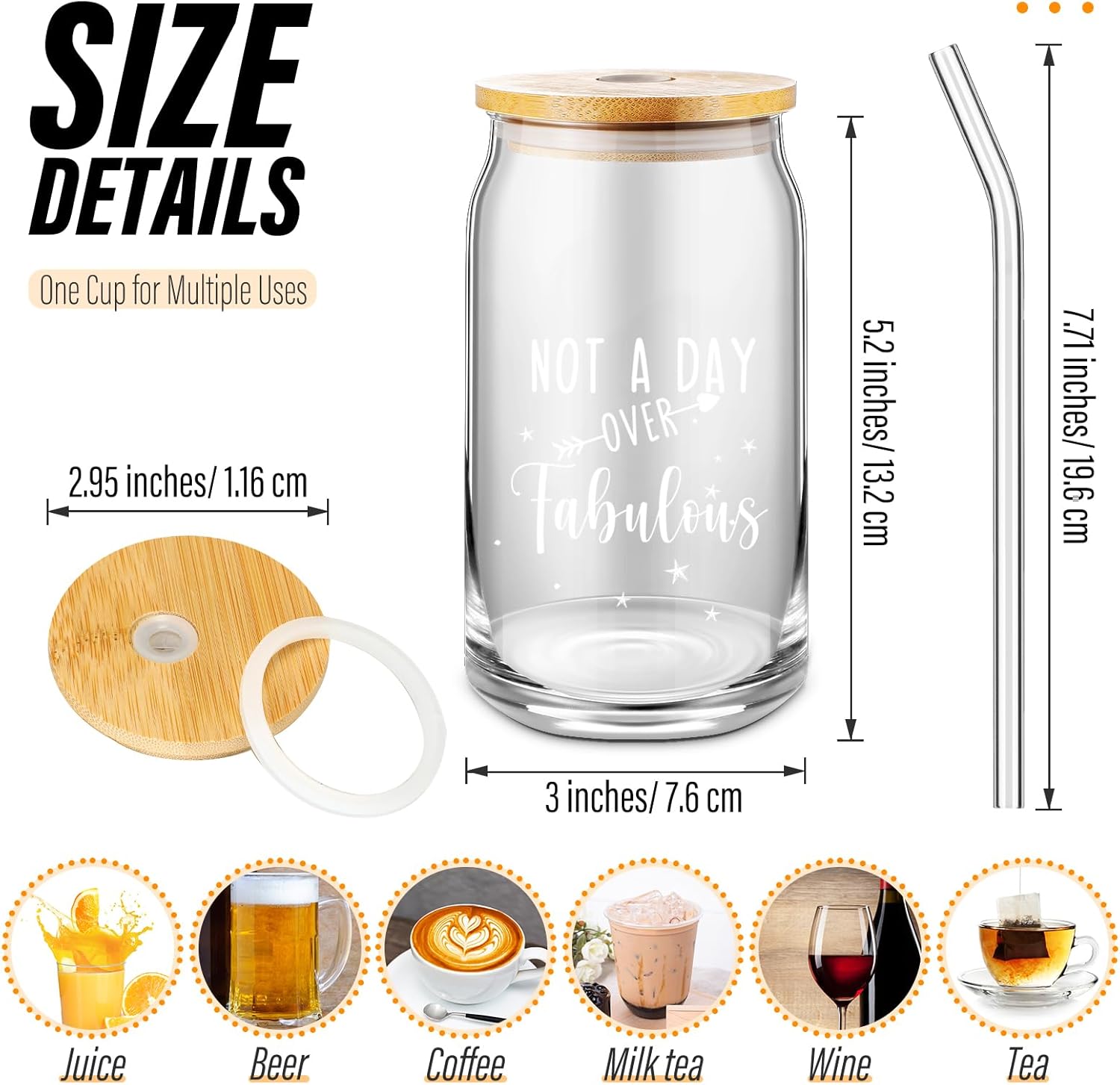 Nuanchu Vasos de vidrio para cumpleaños, regalos con tapa y pajilla, regalos de 16, 21, 30, 40 y 50 años, tazas de vidrio de café transparentes para