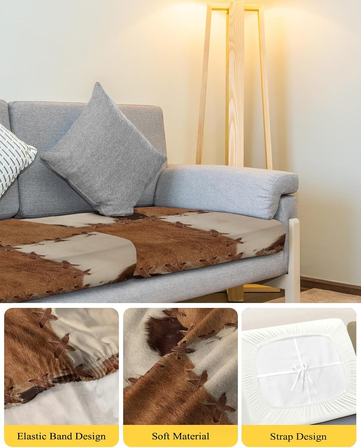 Fundas de cojín para sofá, diseño de retazos, textura de pelo de vaca con estampado de animales vintage, elásticas para sofá, fundas protectoras de