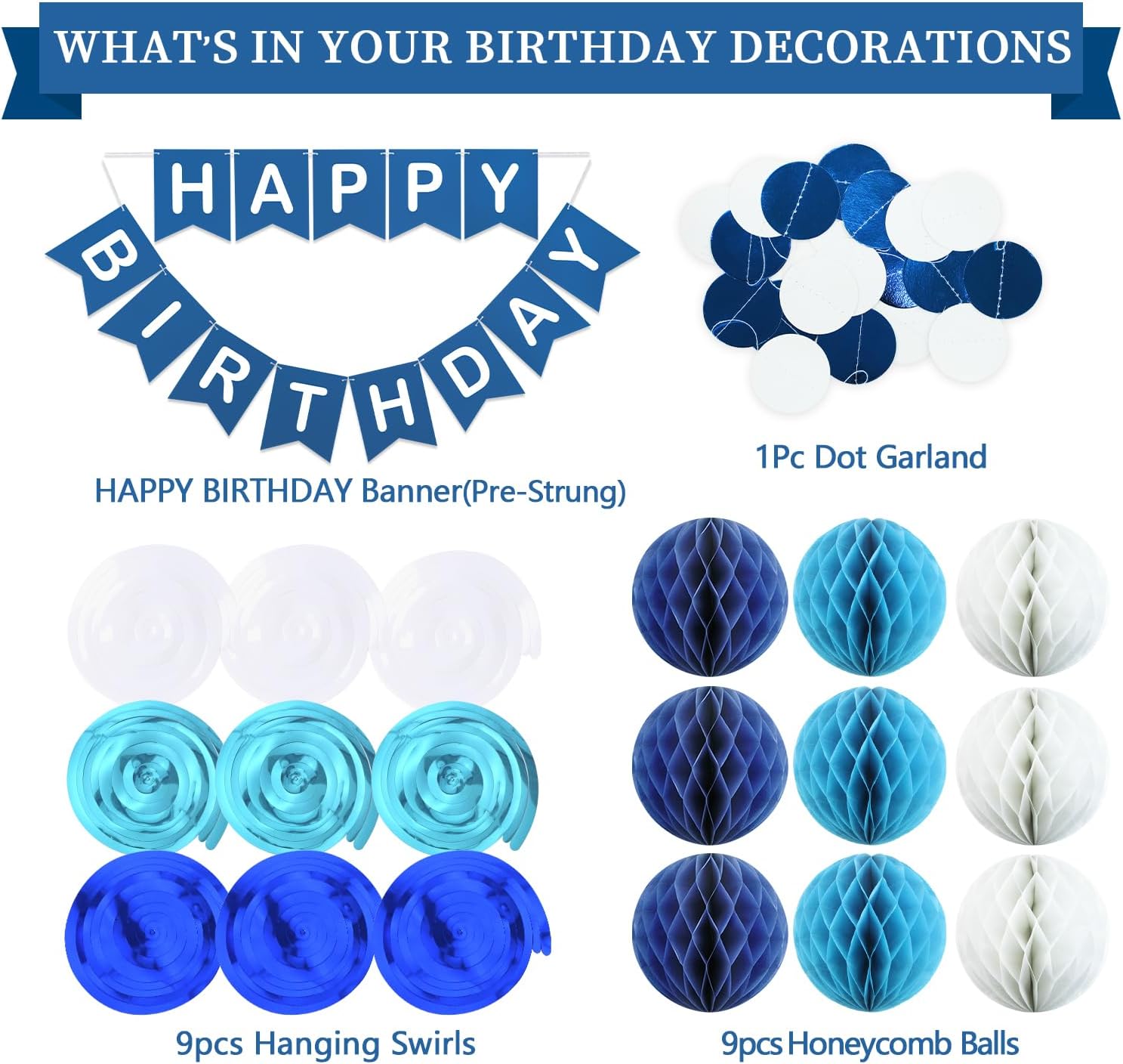 Decoraciones de cumpleaños, sin bricolaje, paquete de 20 unidades, pancarta de feliz cumpleaños azul marino, bolas de panal, remolinos, guirnalda,