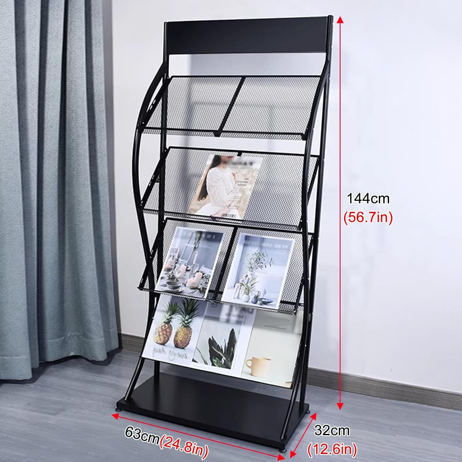 Estante de revistero comercial, estante de exhibición de literatura de folleto de hierro negro para bibliotecabancoaeropuertos, con bolsillo de