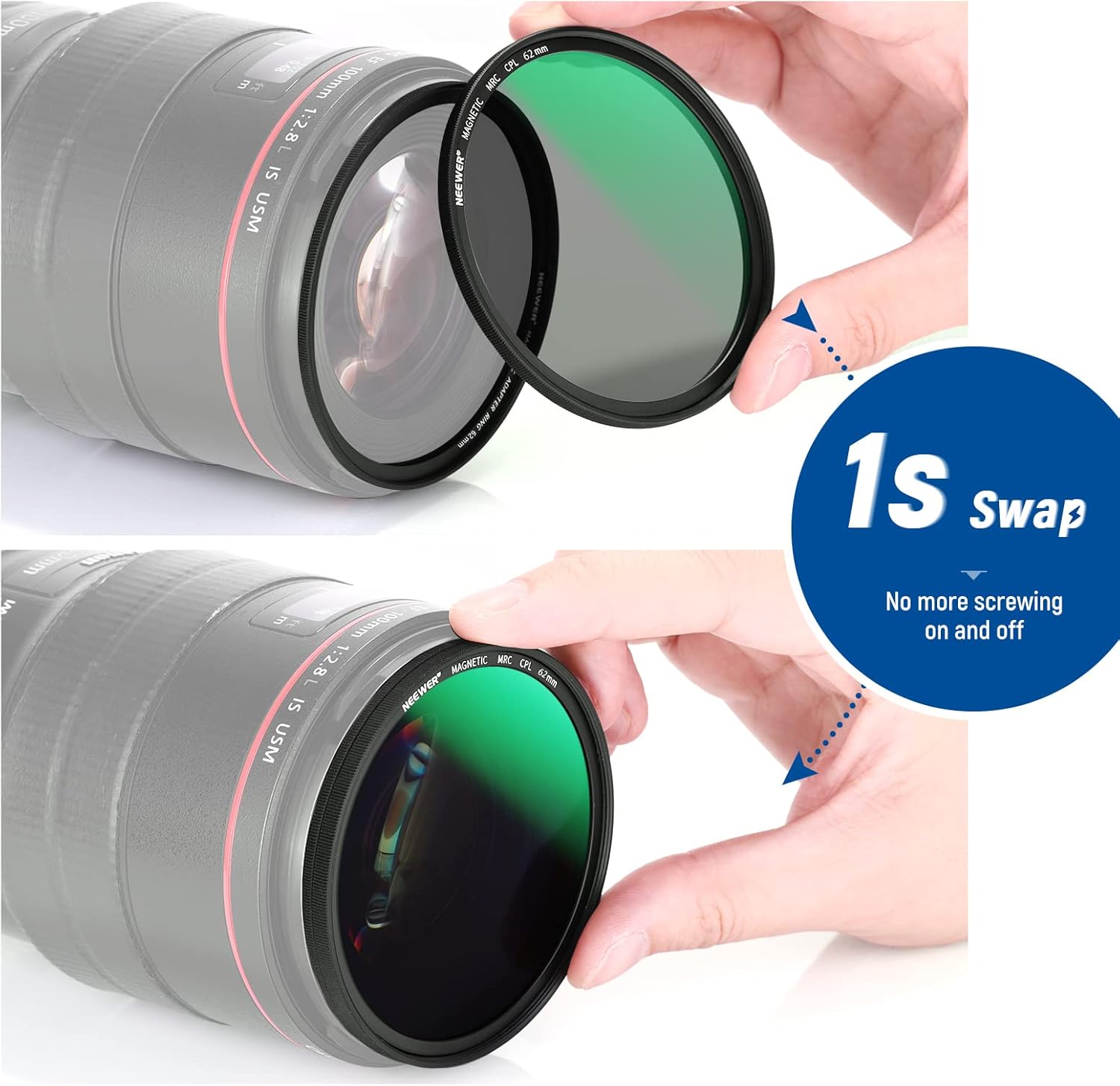NEEWER Kit de filtro magnético ND 3 en 1 de 2.441 in, incluye filtro ND1000 de densidad neutra fija de 10 paradas + anillo adaptador+tapa de filtro