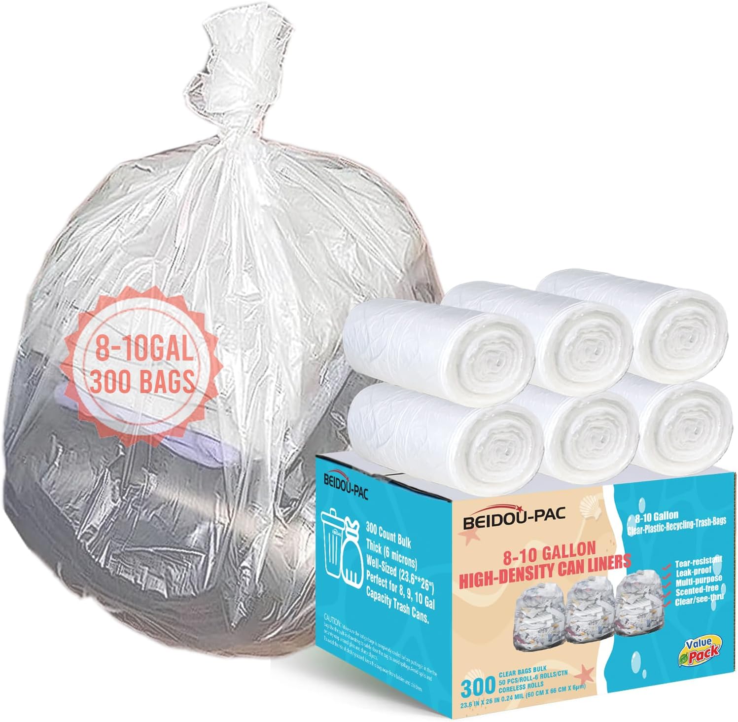 Bolsas de basura de 8 a 10 galones, 300 unidades a granel, bolsas de reciclaje de plástico transparente, bolsas de basura multiusos para negocios,