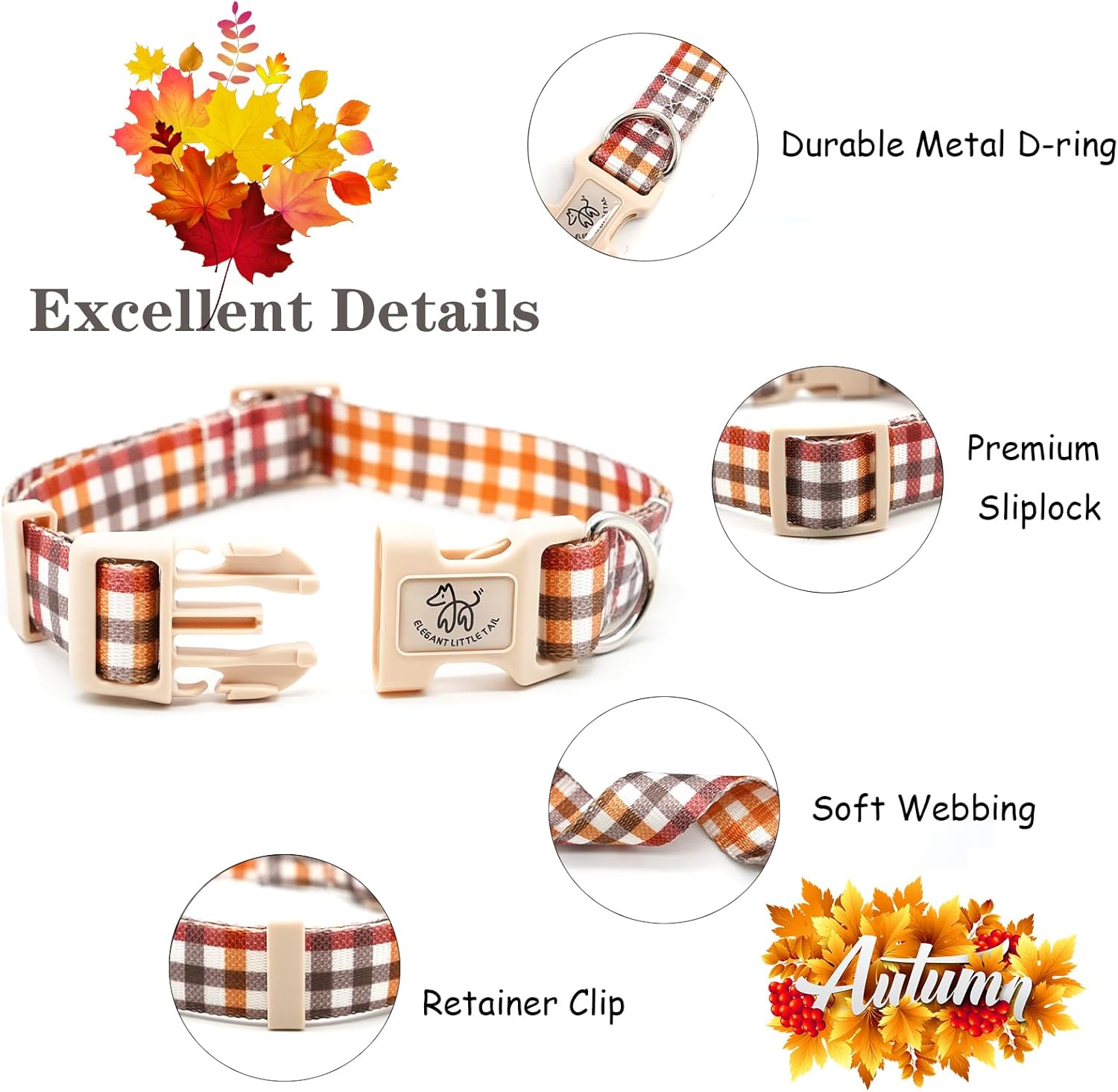 Elegant little tail Collar para perro, collar ajustable de otoño para perros pequeños, medianos y grandes, collares suaves para cachorros con