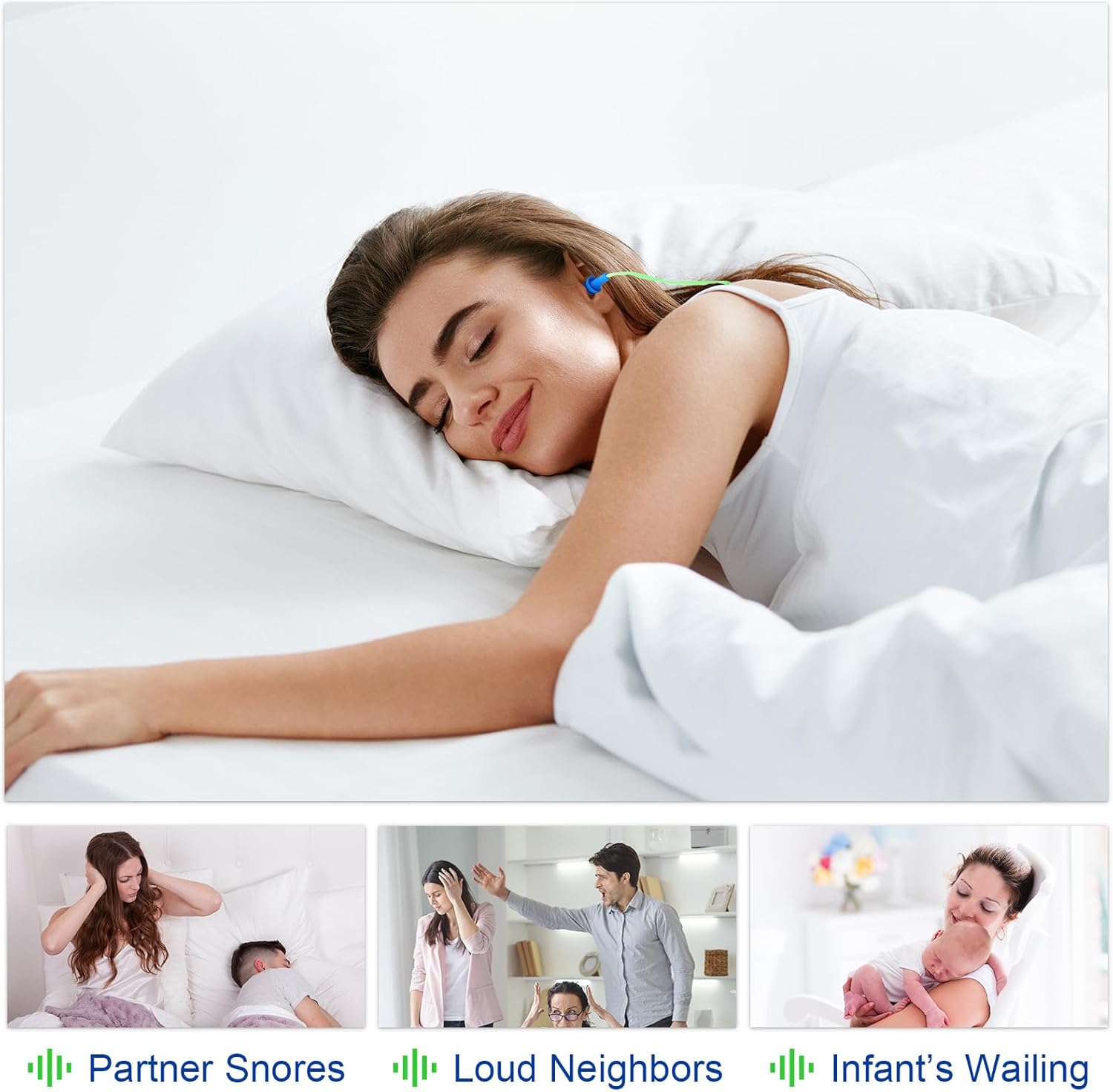 200 pares de tapones para los oídos reutilizables de silicona con cordón para dormir, envueltos individualmente, protección auditiva, tapones para
