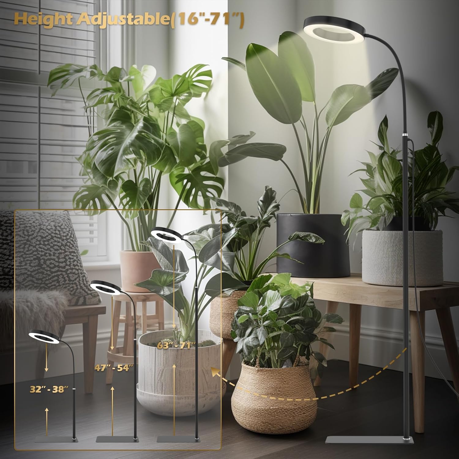 Luces de cultivo para plantas de interior, lámpara de pie LED de espectro completo de 20 W con soporte de altura y ángulo ajustables, luz negra para