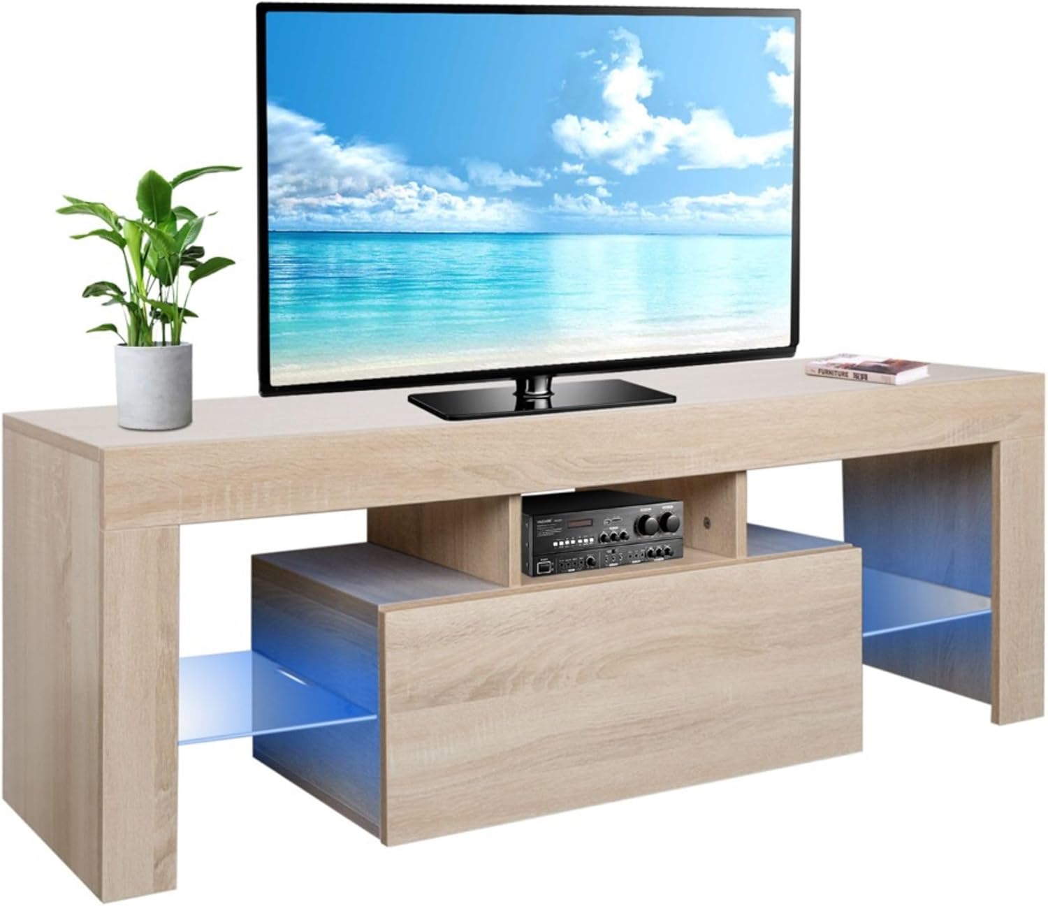 Soporte de TV moderno de granja con luces LED y armario de almacenamiento