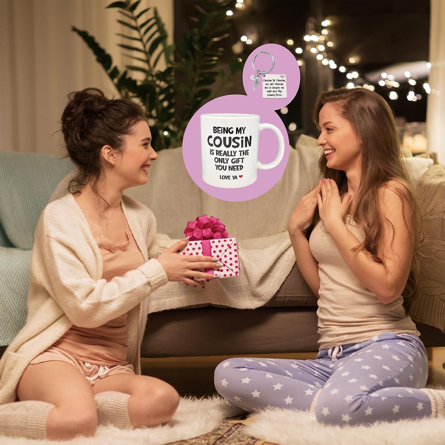 Divertido regalo para primas para mujer, taza de cerámica de 11 onzas, llavero para prima, regalo de cumpleaños para prima, taza de primo favorito,