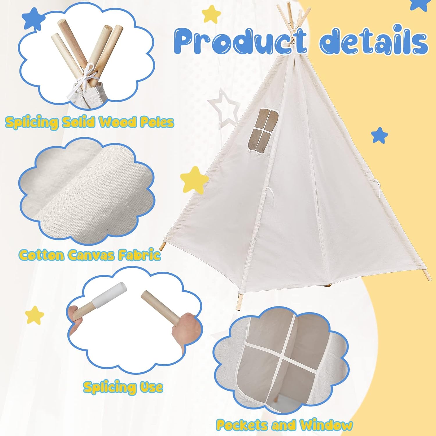 Woanger Juego de 10 tiendas de campaña tipo tipi para niños, de lona de algodón blanco, con luces LED de estrella de 10 pies, tipi para interiores,