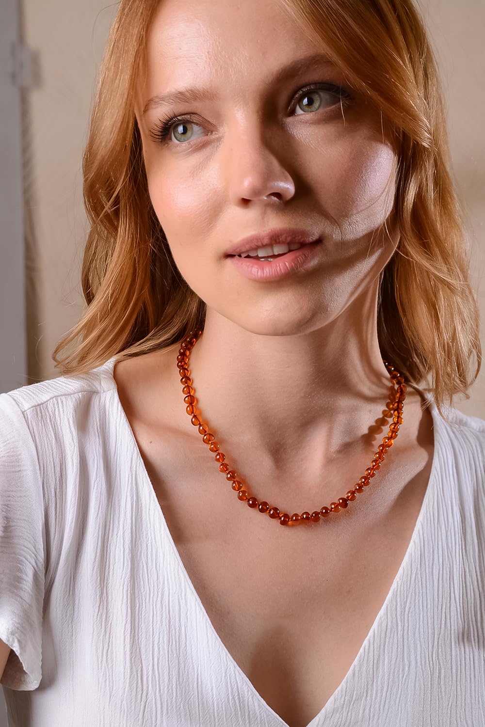 Cognac Amber Necklace for Women with 18K Gold Plated Silver Clasp – 17 inch wt 2 inch Extender- HandMade from Baroque Amber Beads (Cognac)