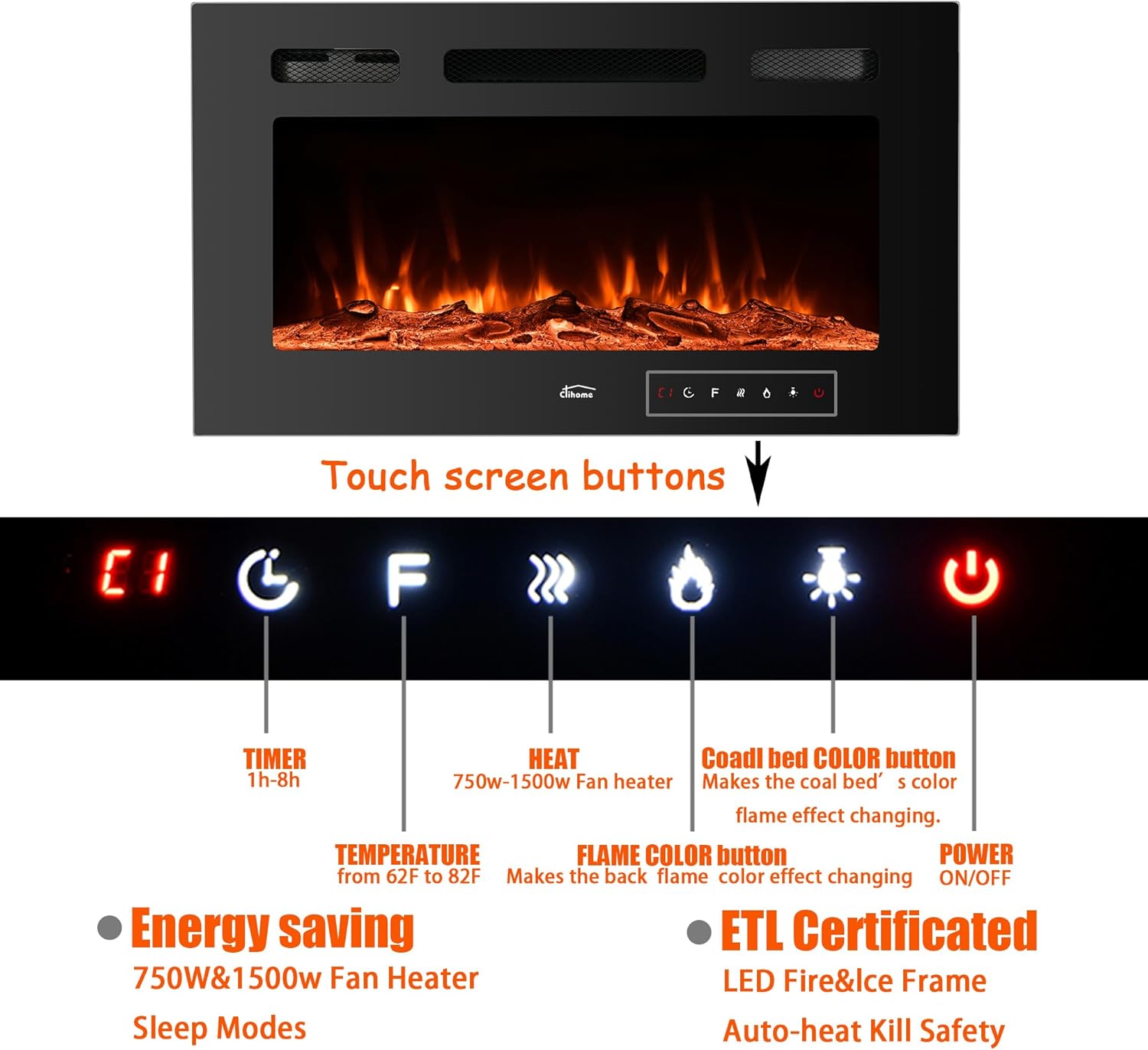 Chimenea eléctrica de 36 pulgadas, para chimenea eléctrica, calentador de chimenea eléctrica, decoración de chimenea, calentador de chimenea con