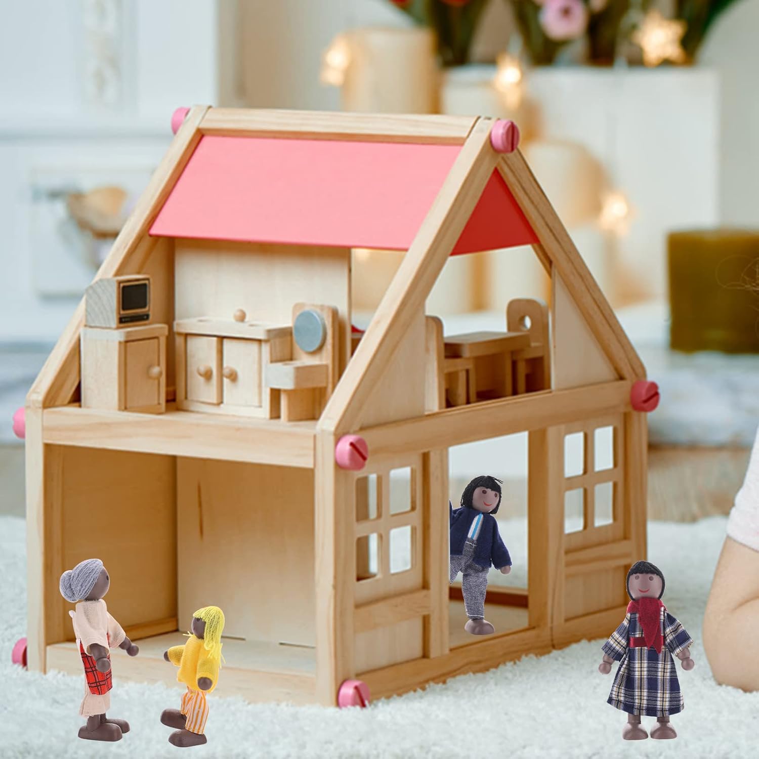 Figuras de casa de muñecas, 7 piezas de casa de muñecas de madera, muñecas familiares, mini muñecas familiares, figuras de juego de simulación en