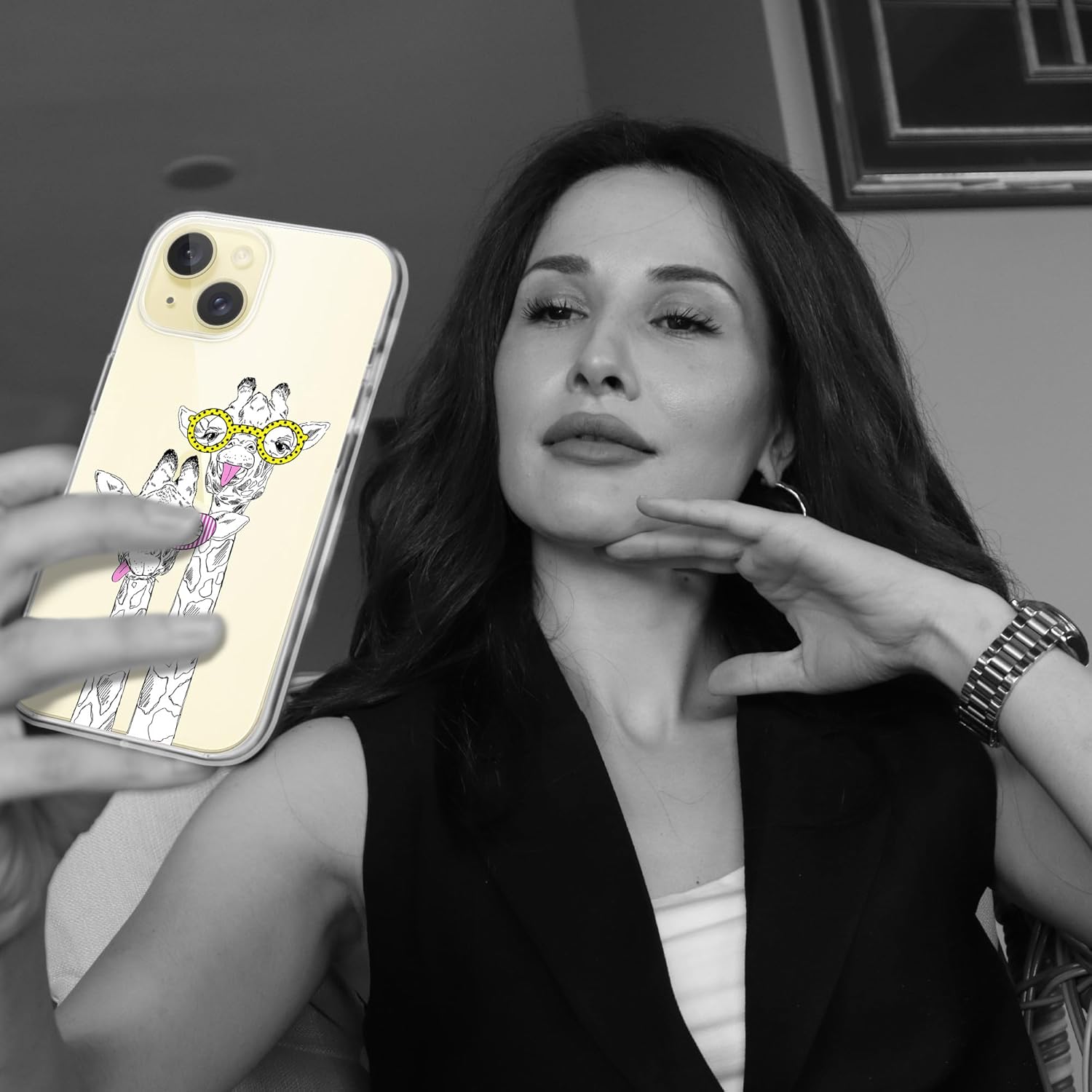 Funda transparente de jirafa con gafas diseñada para iPhone 15 Plus, TPU suave a prueba de golpes, funda protectora transparente para mujeres y