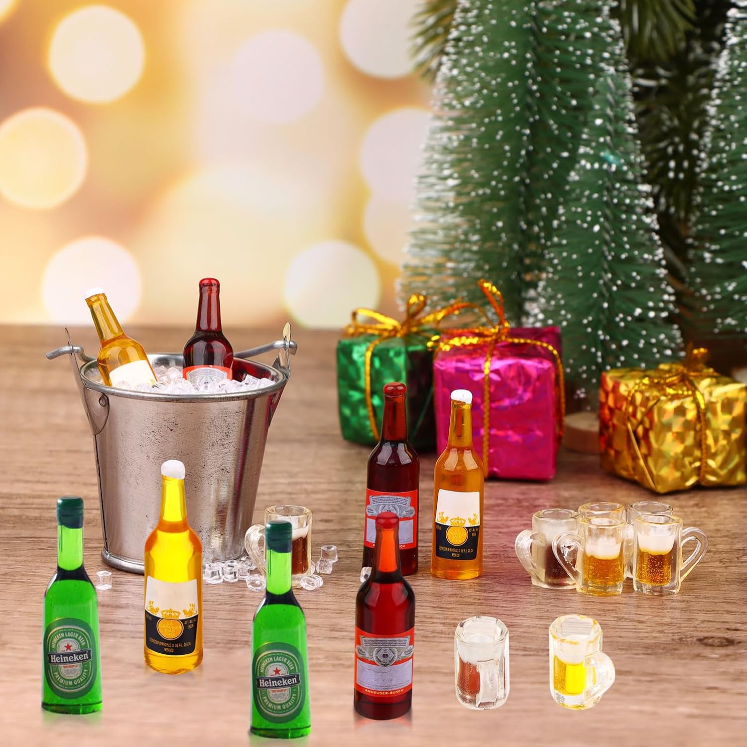 Juego de botellas de cerveza en miniatura de casa de muñecas 112 con cubo en miniatura, cubos de hielo falsos, mini tazas de cerveza para juego de