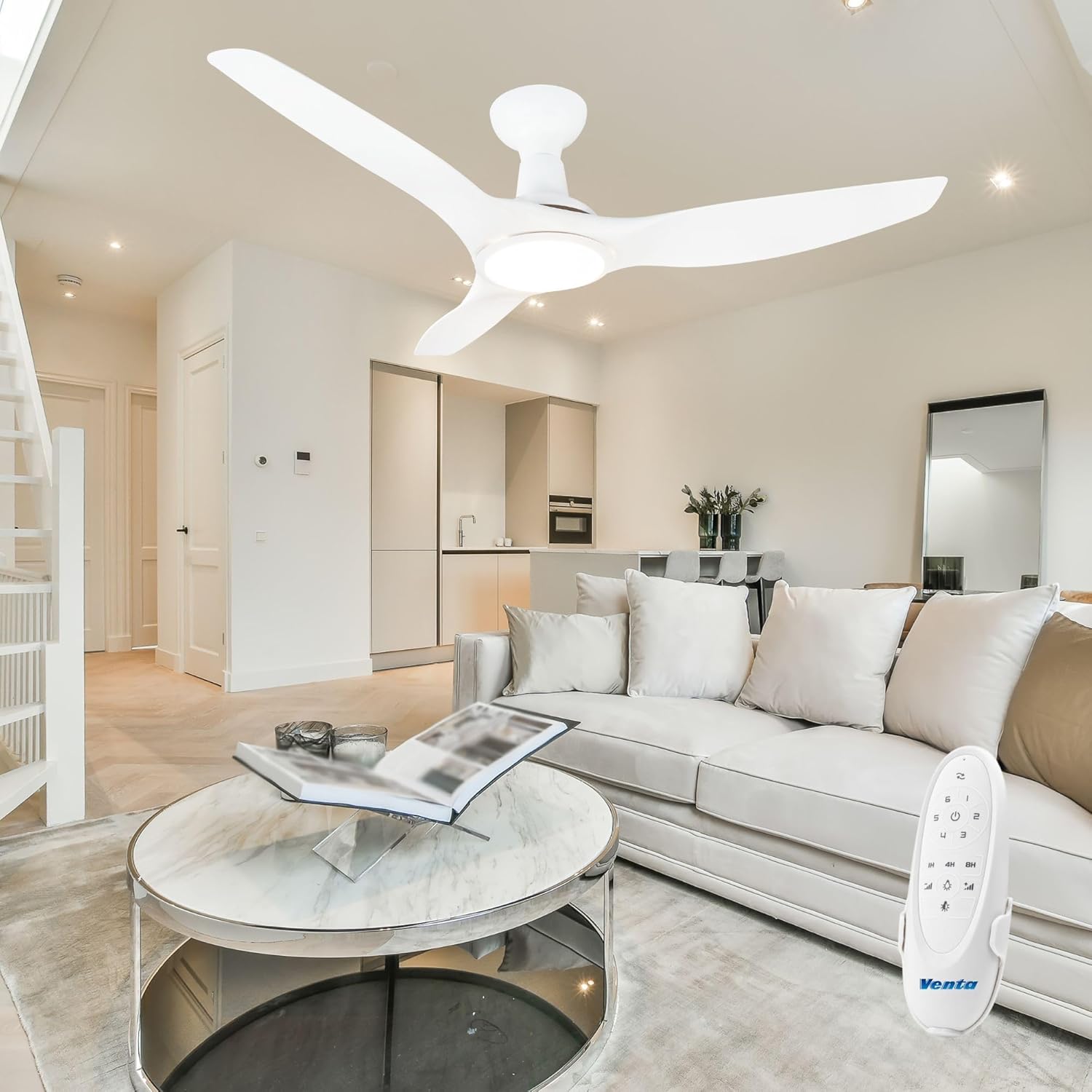 Venta Ventiladores de techo de 3 aspas con certificación ETL de 52 pulgadas con control remoto de luces, ventilador de techo blanco con luz LED y