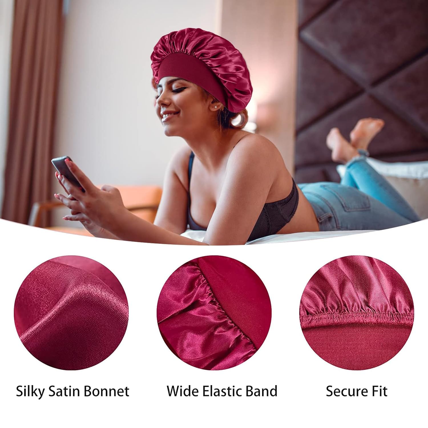 4 gorros de satén de seda para dormir, banda ancha elástica para el cabello de seda para dormir, mujeres negras, hombres, gorros de seda para