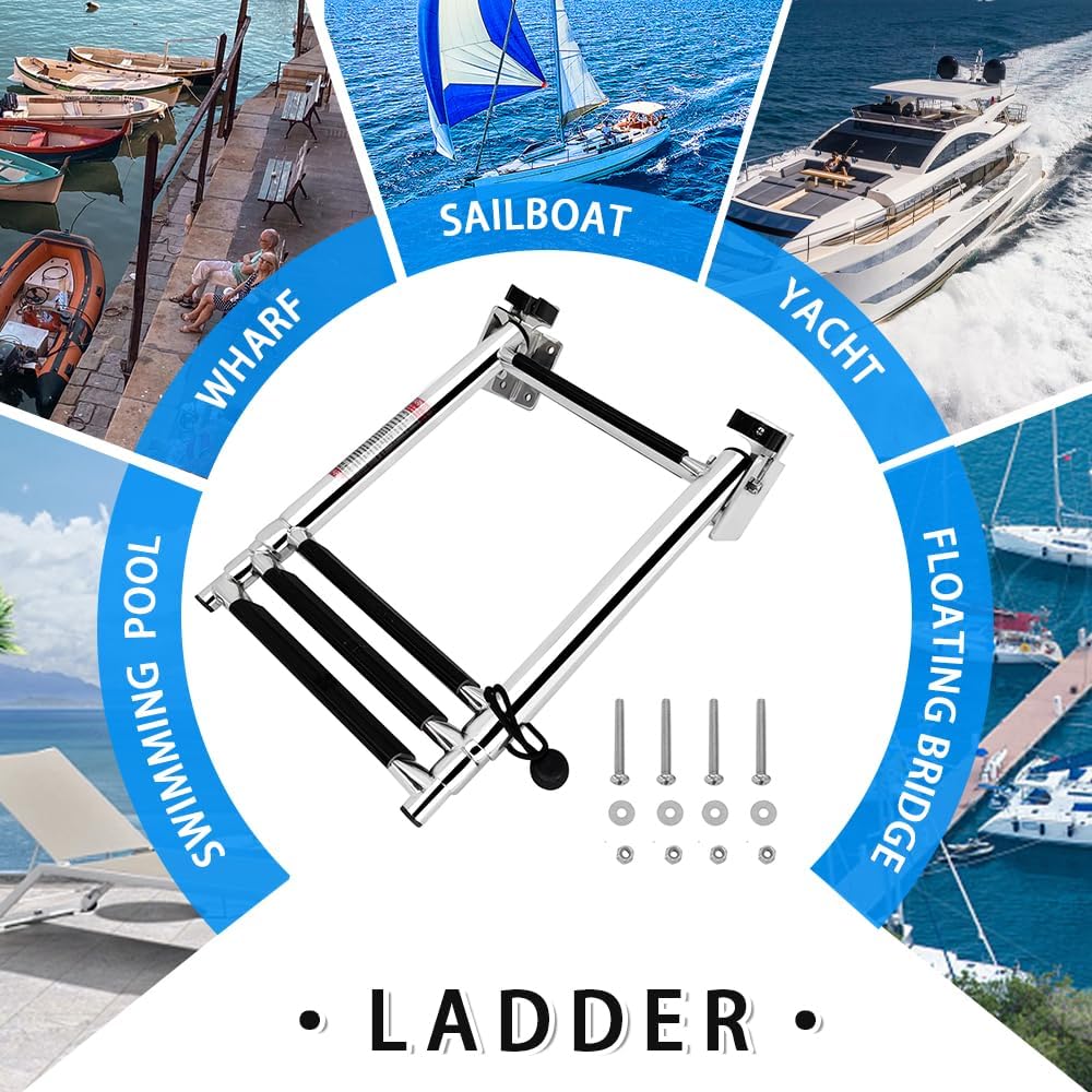 Escalera de acero inoxidable para barco de 4 escalones, escalera telescópica de travesaño, soportes de montaje en travesaño con autobloqueo,