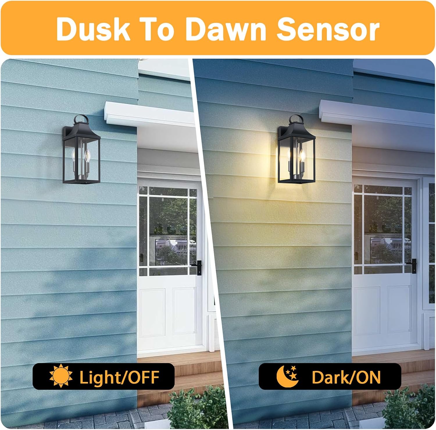 Farol de pared negro para exteriores del anochecer al amanecer, 2 luces, aplique de pared moderno exterior de 15 pulgadas, lámpara industrial para