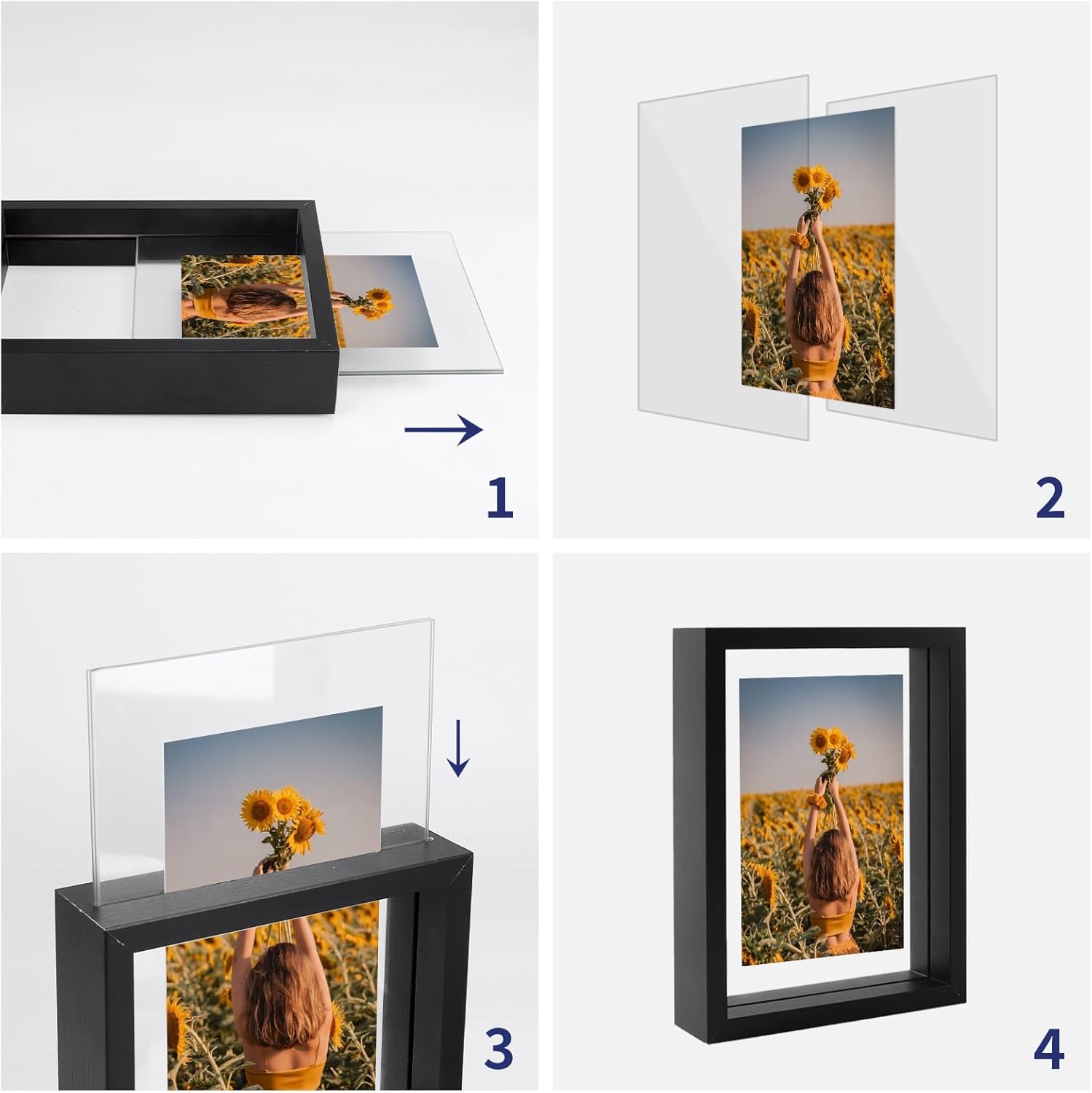 WIFTREY 4 portarretratos flotantes de 5 x 7 pulgadas, marco de fotos de doble cristal para montaje en pared o mesa, fotos de cualquier tamaño hasta