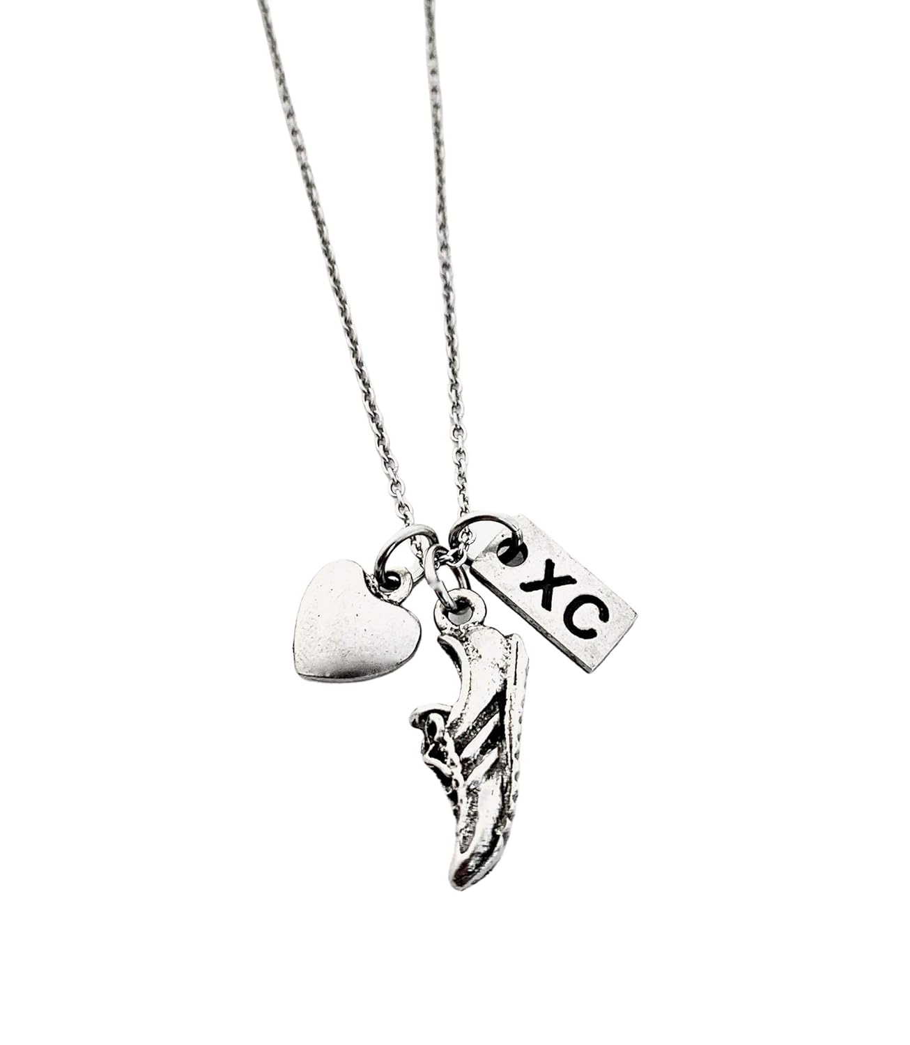 Pewter Love to Run XC Cross Country Necklace – Pewter Heart, Pewter Running Shoe Charm and Pewter XC Charm on 18 inch Stainless Steel Cable Chain –
