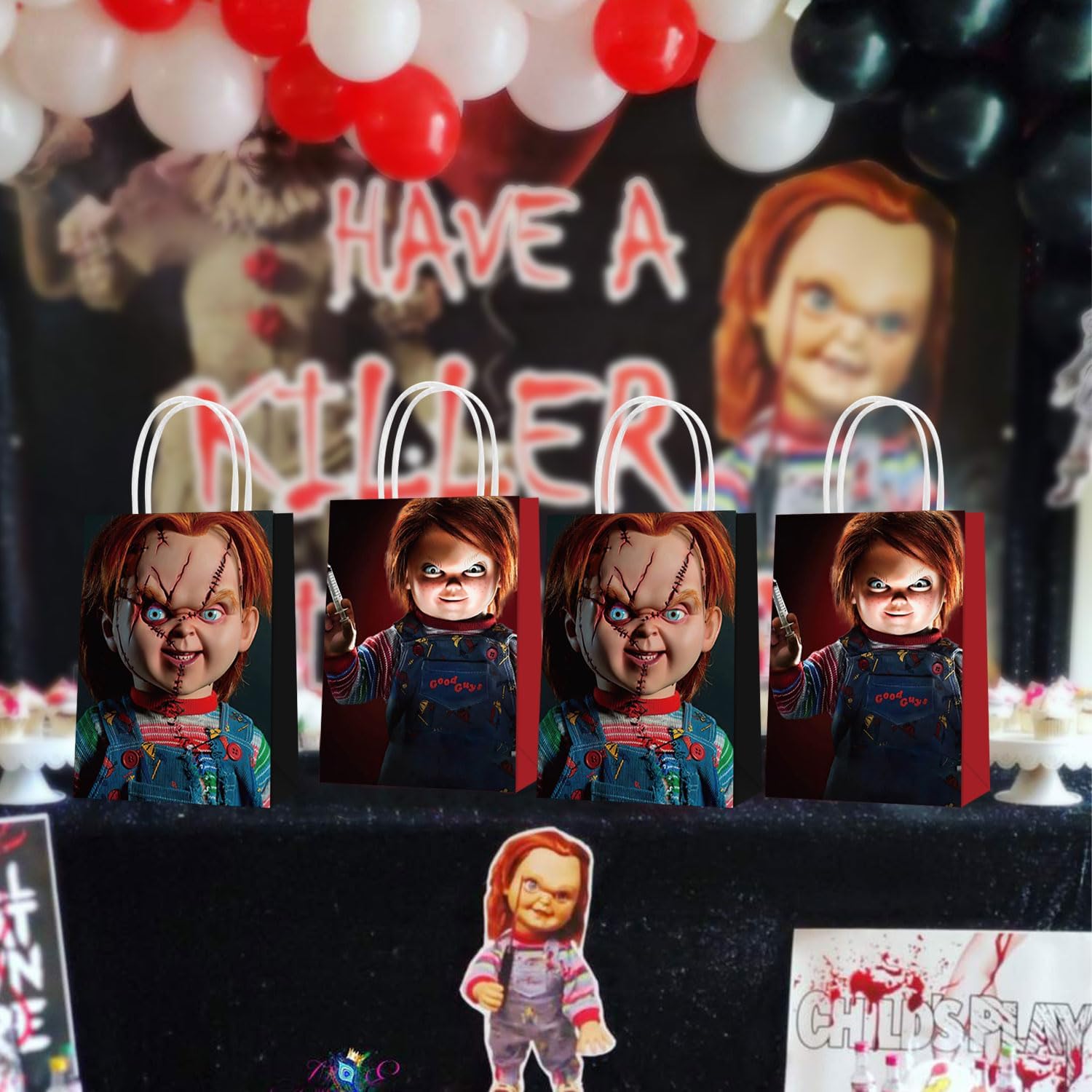 Chucky – 16 bolsas de regalo de papel para fiesta, 2 estilos, bolsas de recuerdo de fiesta con asas para decoraciones de fiesta de Chucky, bolsas de