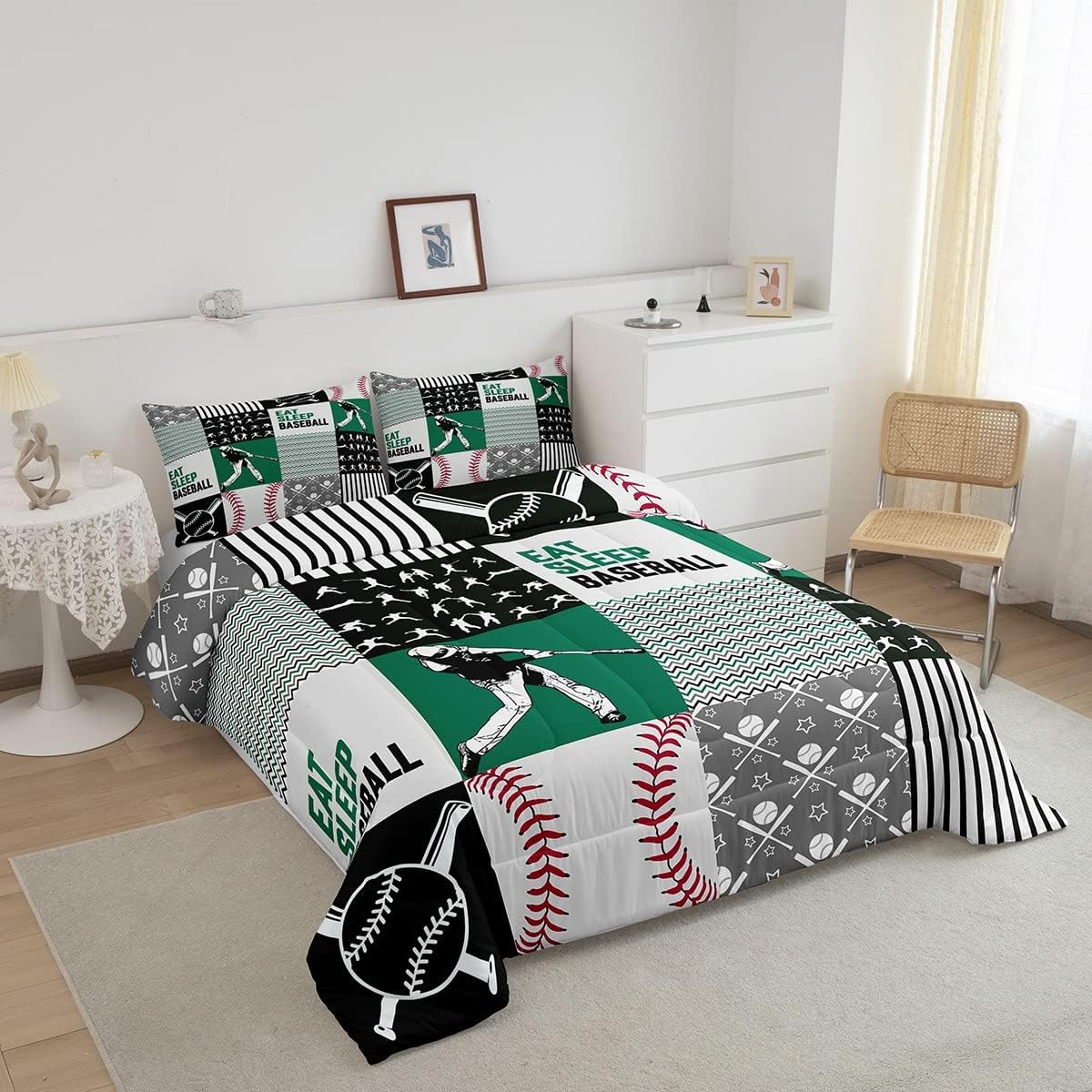 Erosebridal Ropa de cama de béisbol tamaño matrimonial, juegos de edredón de jugador de béisbol para adolescentes y adultos, edredón de retazos de