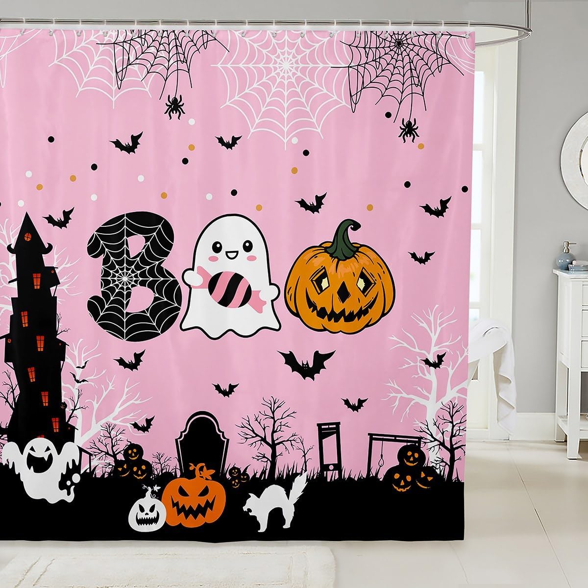 Manfei Cortinas de ducha de Halloween, lindas cortinas de baño impermeables con 12 ganchos, trajes para bañera, cortinas de baño con estampado de