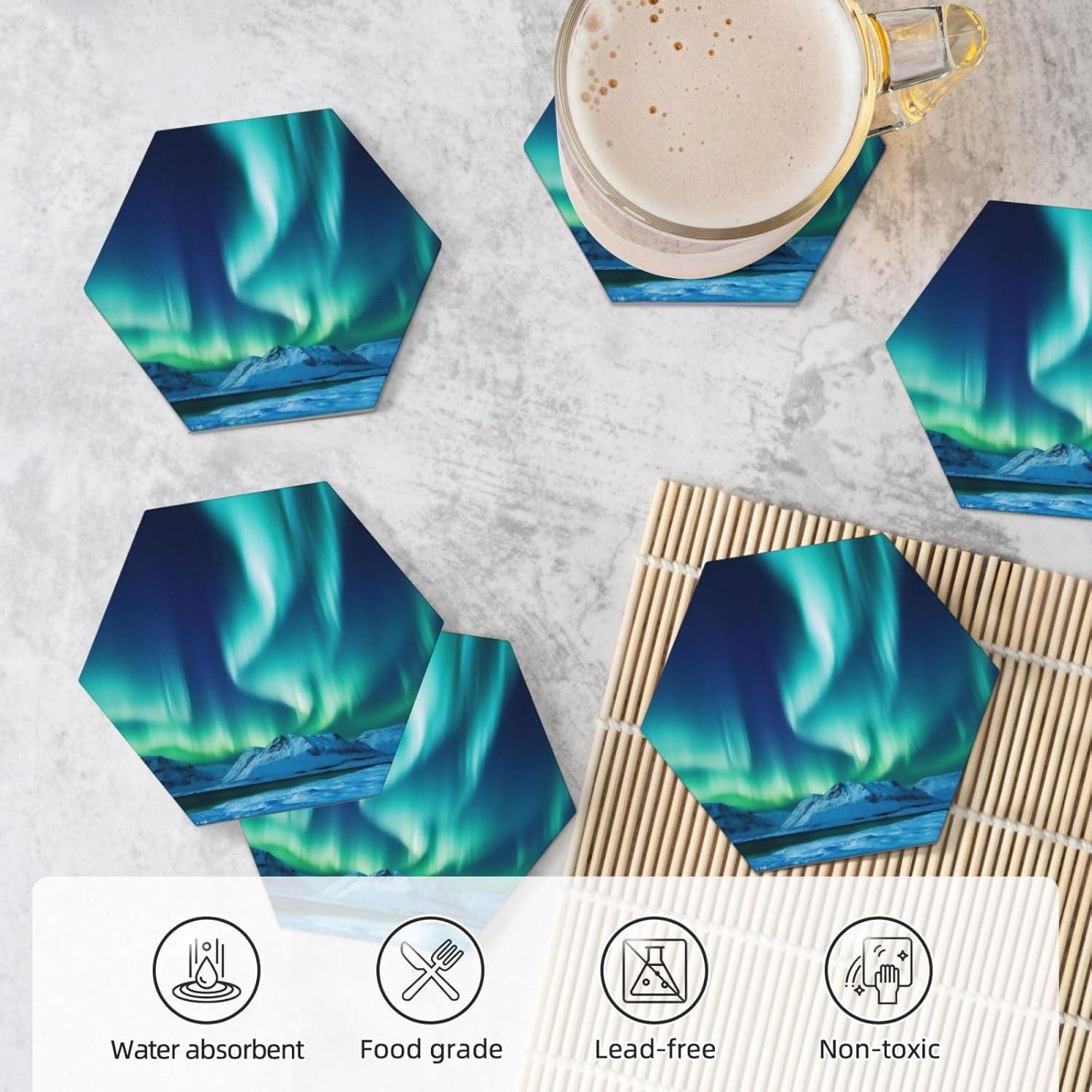 BTCOWZRV Juego de 6 posavasos de cerámica con soporte de metal para bebidas Northern Lights para bebidas, soporte de corcho, posavasos de piedra