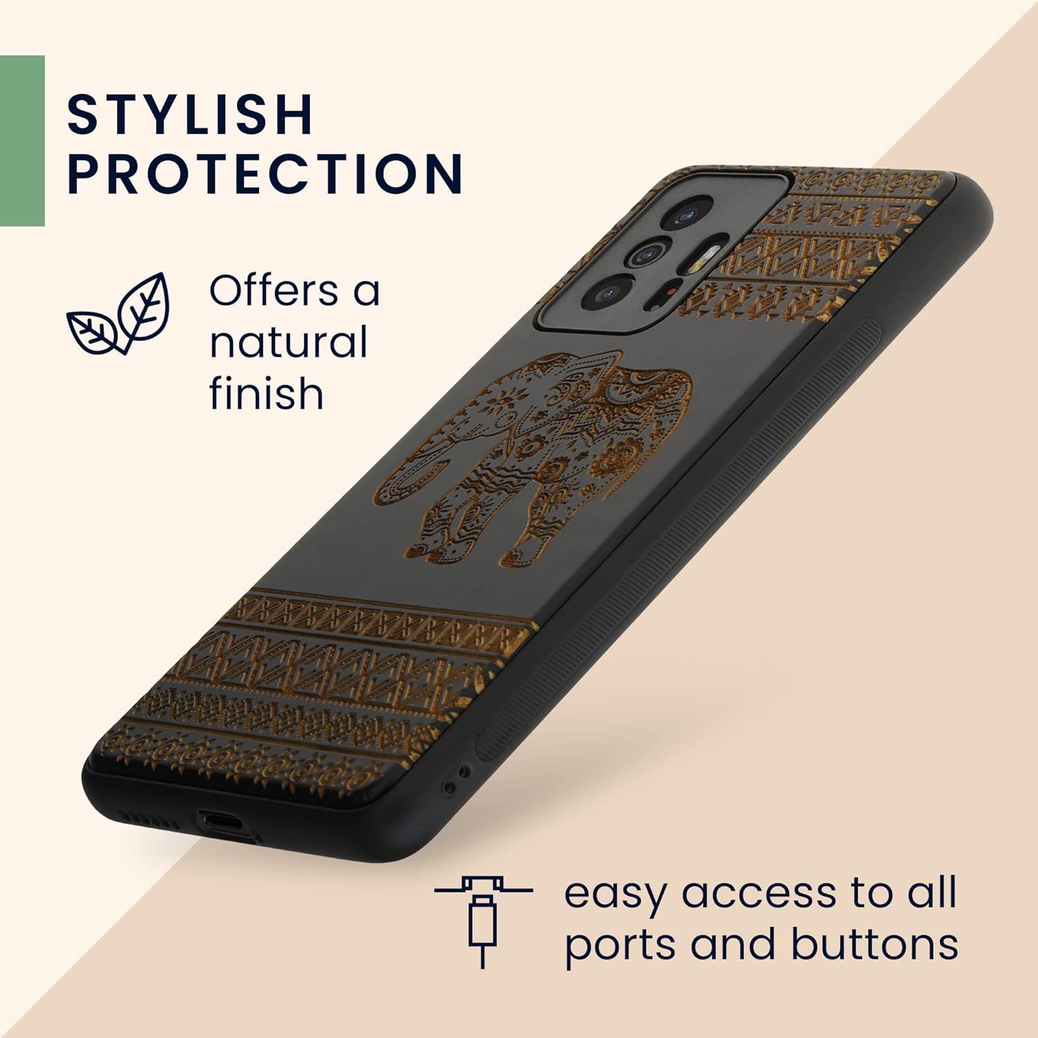 kwmobile Funda de madera compatible con Xiaomi 11T  11T Pro – Funda – Elefante de madera con patrón marrón claronegro