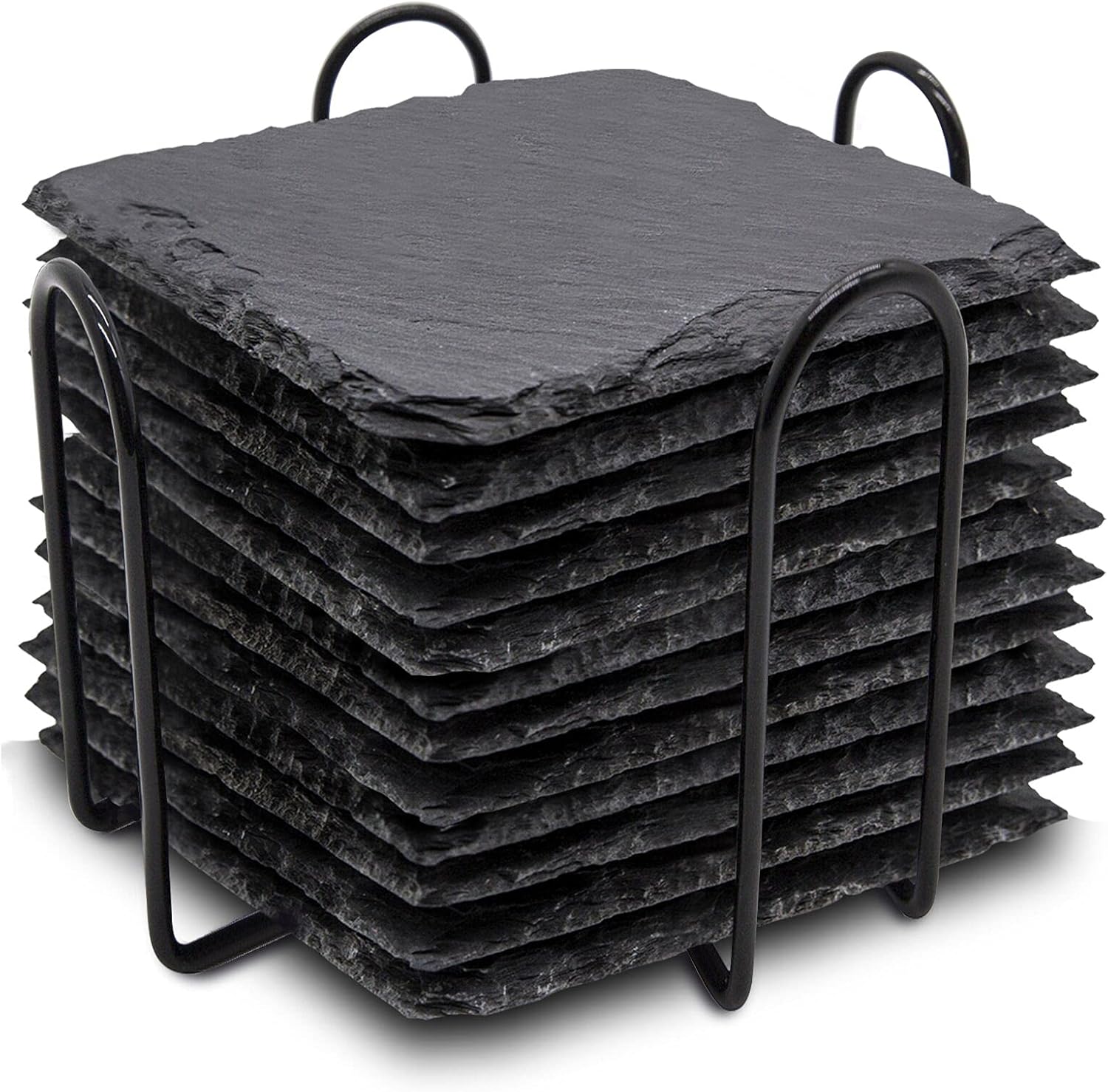Posavasos de pizarra con soporte, 4 pulgadas, 12 piezas, cuadrados rústicos, juego de posavasos de piedra negra con respaldo antiarañazos para bar,