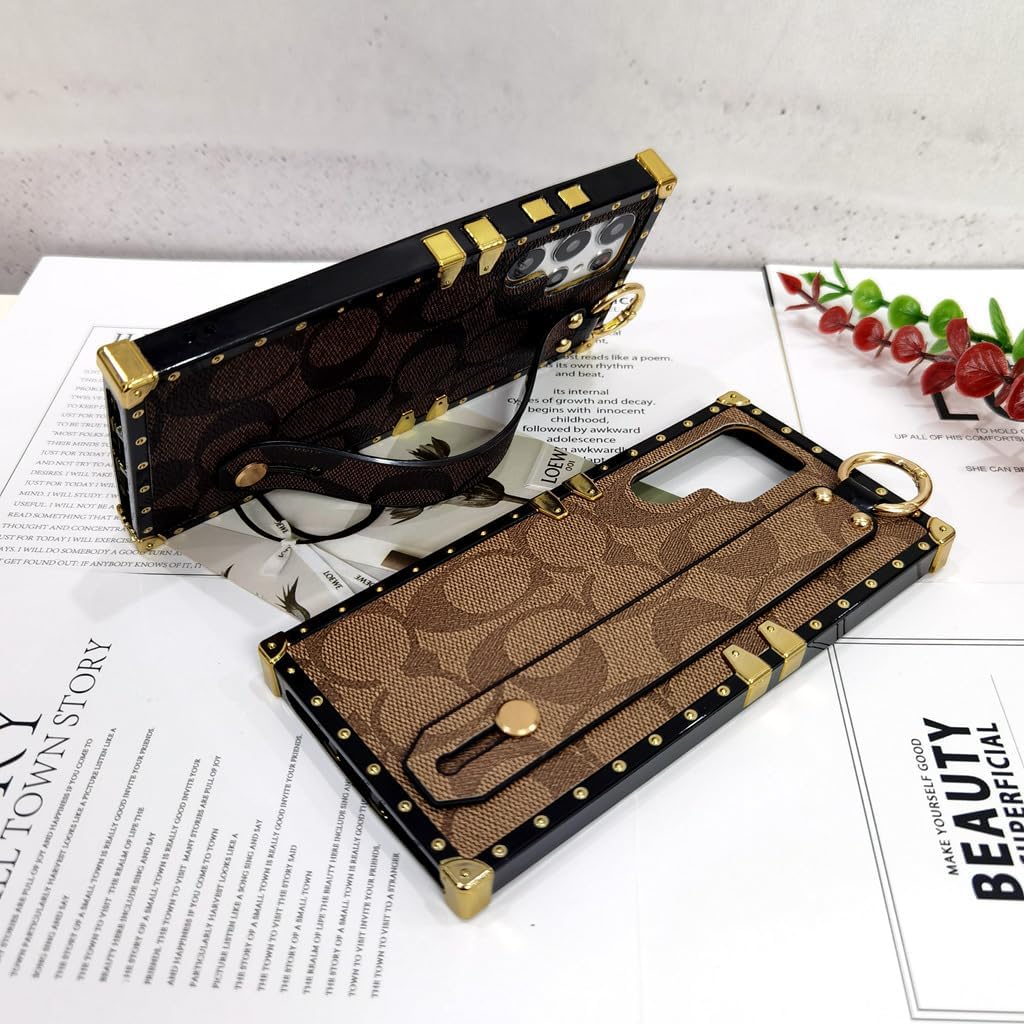 Funda de cuero de lujo para Samsung Galaxy S22 Ultra con correa para pulsera, anticaídas, funda protectora de diseñador compatible con Samsung S22
