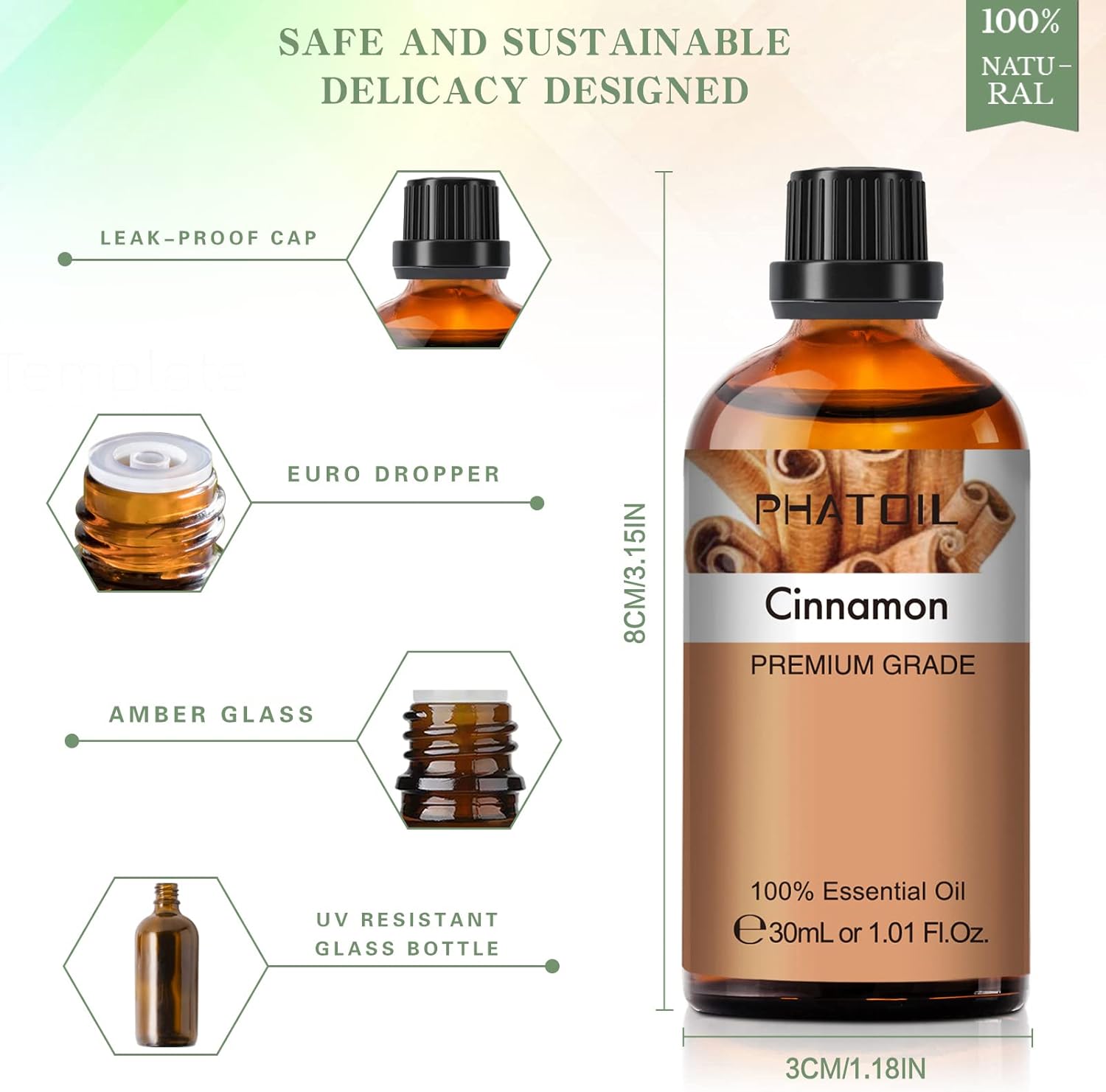 Aceite esencial de canela, 1.01 onzas líquidas (1.0 fl oz), aceite esencial puro de PHATOIL para difusores de aromaterapia, humidificadores, ideal