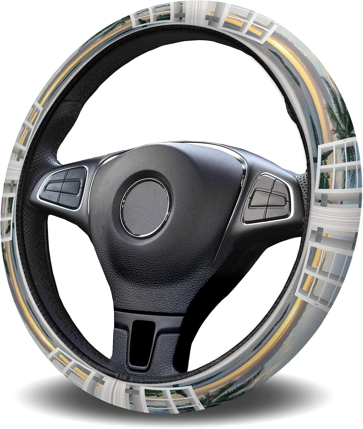 Funda para volante de automóvil, puesta de sol de playa a través de ventanas de madera blanca, esponja elástica elástica para volantes, cubierta