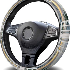 Funda para volante de automóvil, puesta de sol de playa a través de ventanas de madera blanca, esponja elástica elástica para volantes, cubierta Funda para volante de automóvil, puesta de sol de playa a través de ventanas de madera blanca, esponja elástica elástica para volantes, cubierta