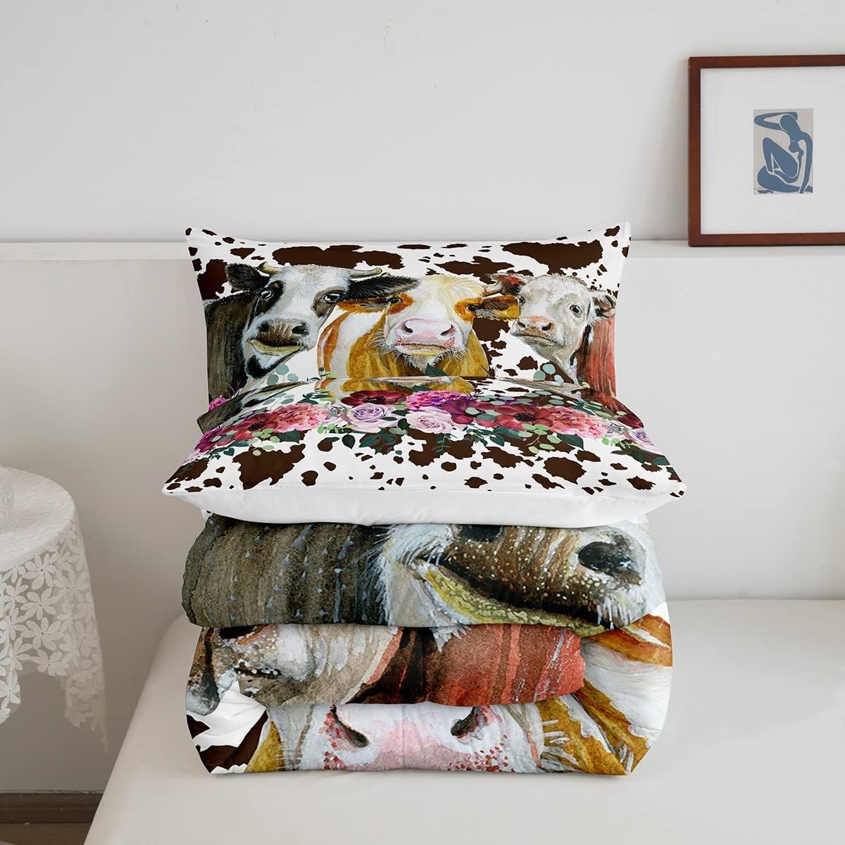 Juego de ropa de cama con estampado de vaca, tamaño Queen, juego de edredón de vaca de las tierras altas para niños, niñas y adolescentes, edredón
