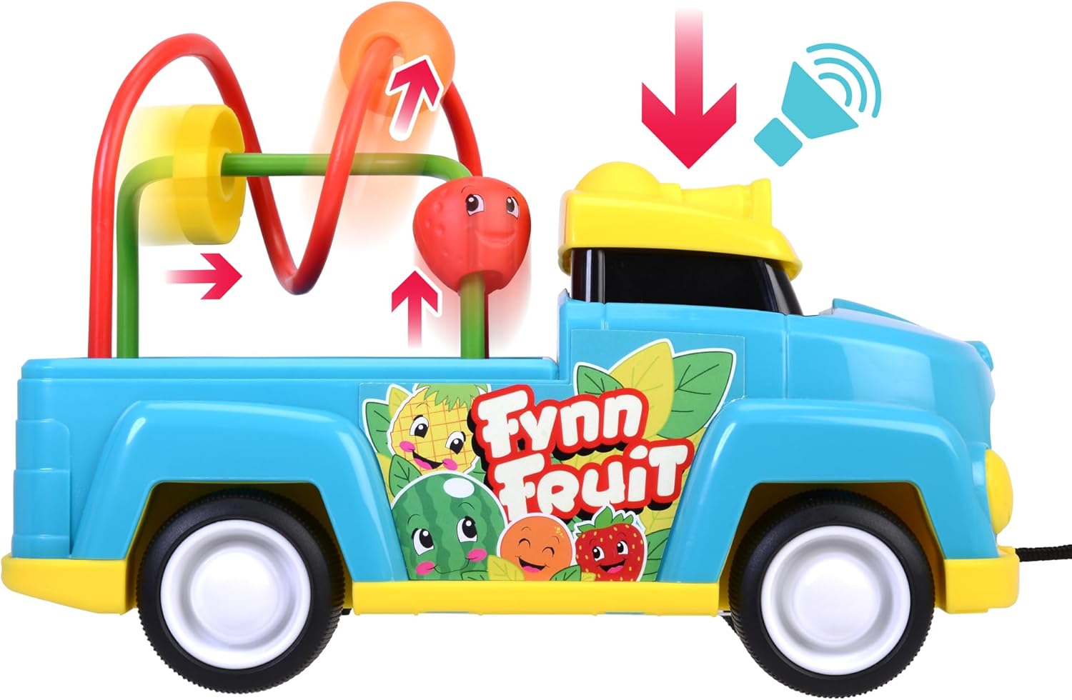 Dickie Toys ABC – Toy Car Fynn Fruit (25 cm) – Pull Toy with Motor Skills Bow, Horn and Cord, Baby Toy from 1 Year (12 Months)