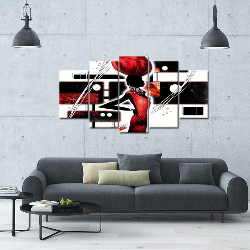 iKNOW FOTO Lienzo grande de 5 piezas de arte de pared afroamericano, imágenes negras y rojas, impresas en lienzo, decoración del hogar, pintura