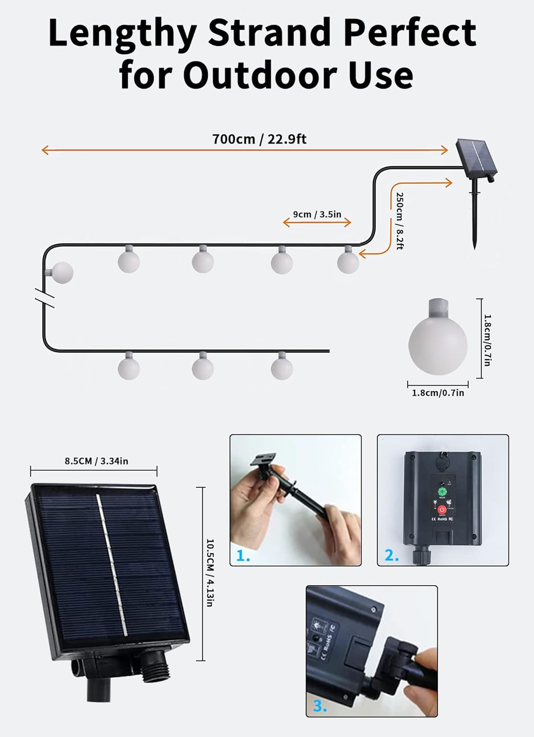 ELINKUME Tira de luces solares de 50 luces LED de 23.0 ft24 pies con 8 modos y control remoto para exteriores, impermeable y alimentado por energía