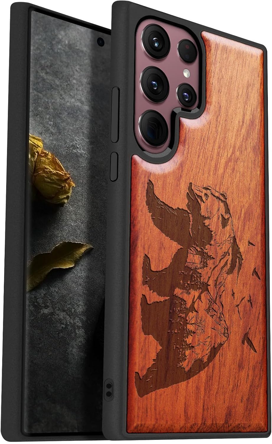 Carveit Funda de madera para Galaxy S22 Ultra 2022 madera natural y TPU suave negro a prueba de golpes, funda de madera única y elegante compatible