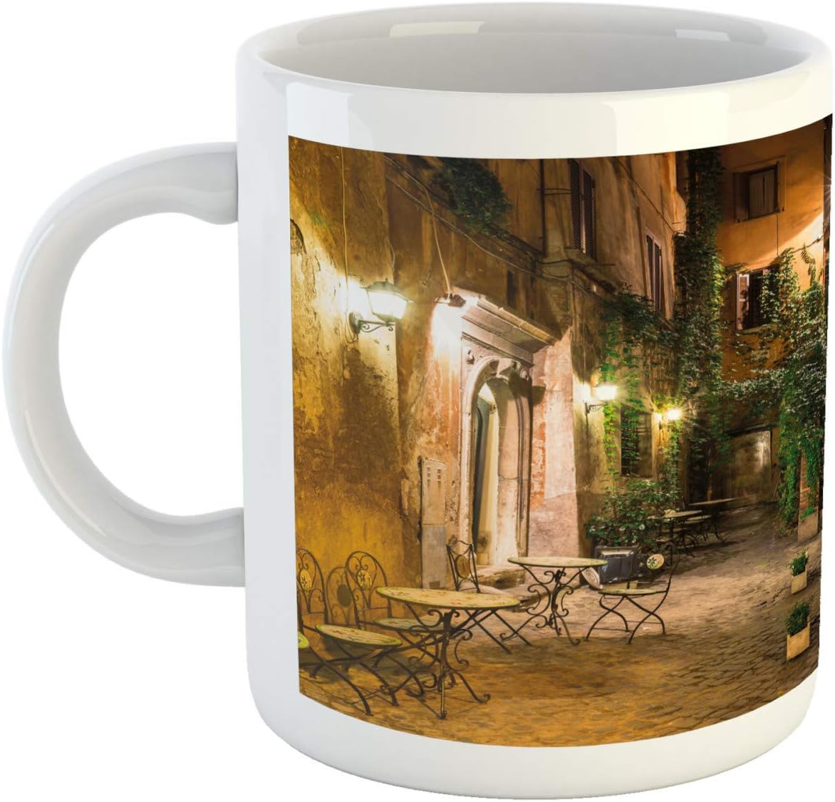 Ambesonne Taza italiana, Old Courtyard Rome Italy Cafe Chairs City Historic Houses in Street, taza de café de cerámica para bebidas de té de agua,
