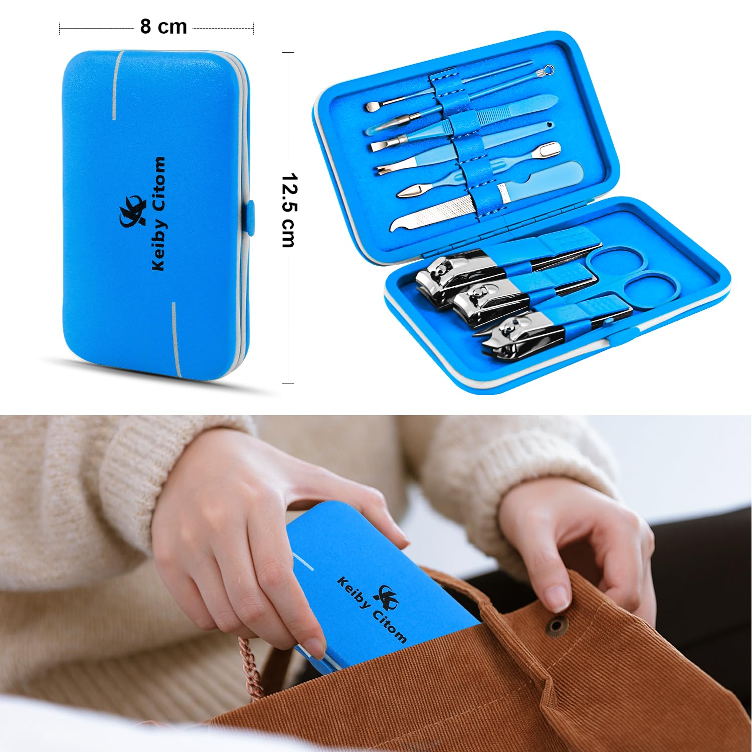 Juego de manicura, mini cortaúñas de viaje, kit de herramientas de cuidado de pedicura, 10 piezas de acero inoxidable (azul)
