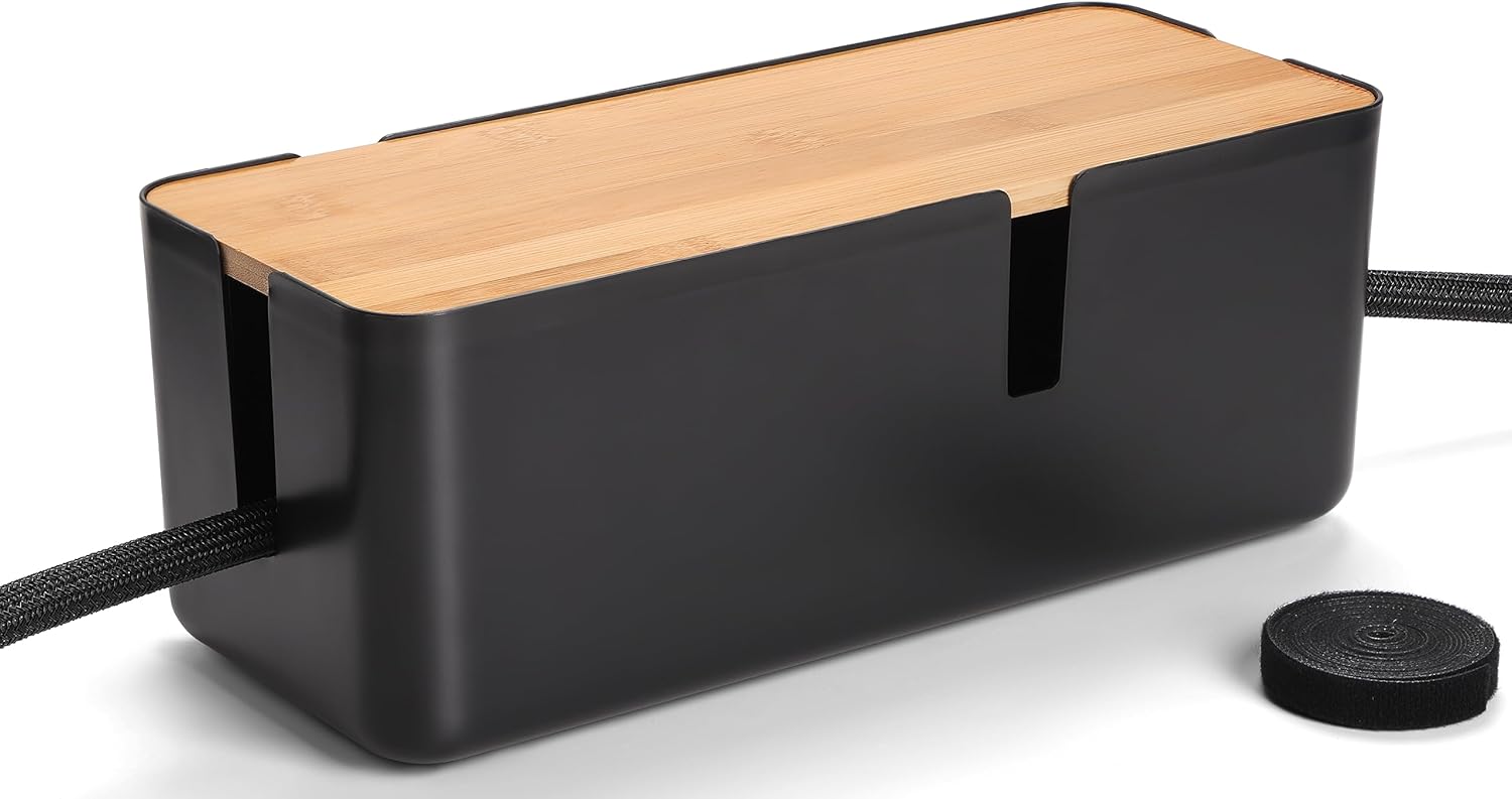 Caja de organización de cables con tapa de bambú, caja de cables negra, caja organizadora de cables pequeña para ocultar sobretensiones, cables de