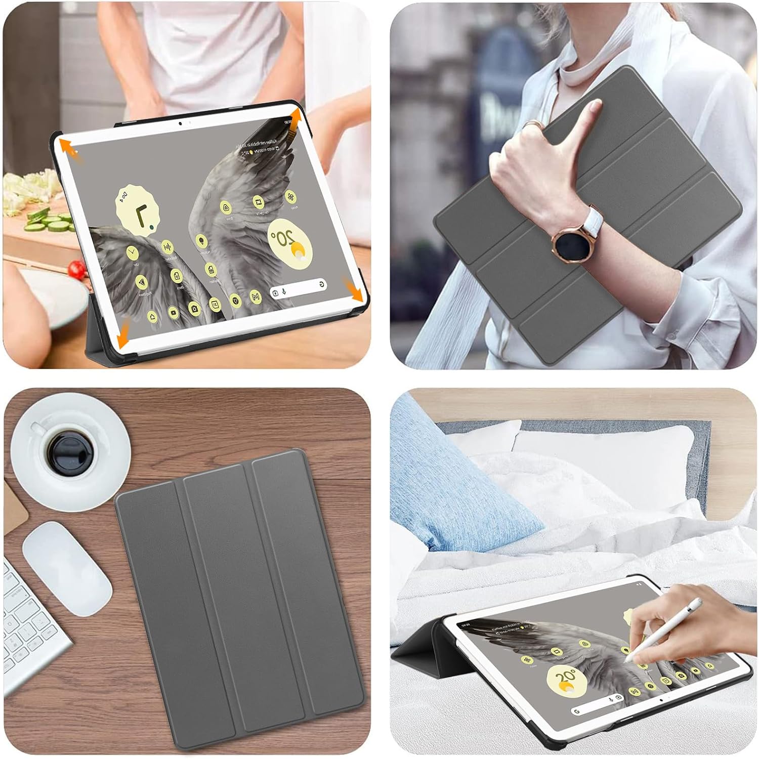NINKI Google Pixel – Funda y soporte para tablet, múltiples ángulos de visión, policarbonato duro + protección trasera de piel sintética, color gris