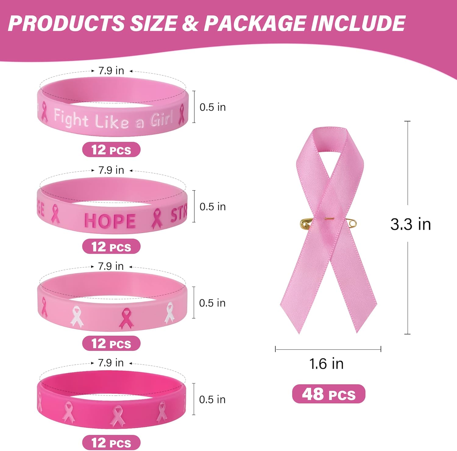 144 accesorios de concientización sobre el cáncer de mama, 48 bolígrafos retráctiles, 48 pulseras de concientización sobre el cáncer de mama y 48