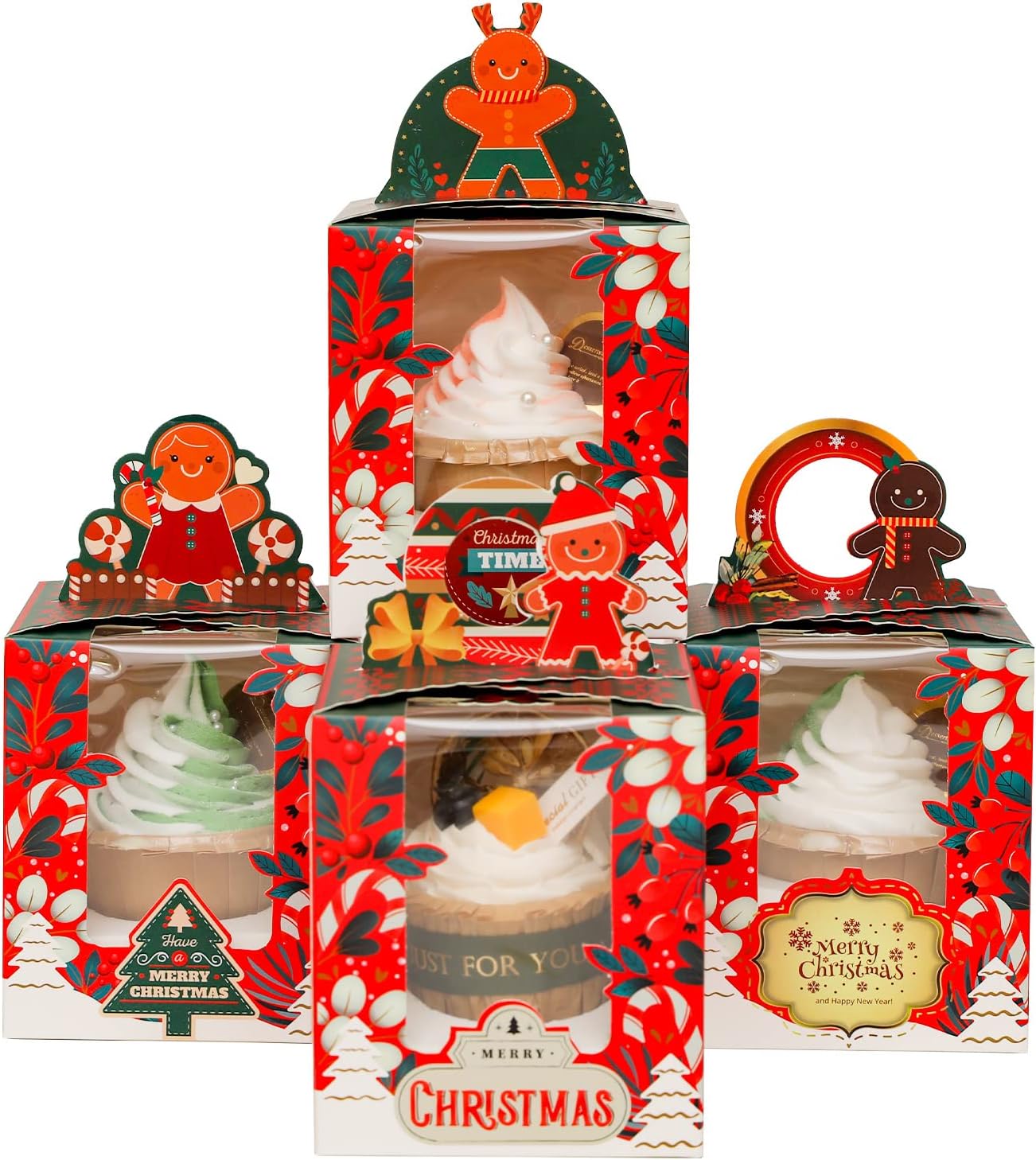 qiqee Cajas individuales de cupcakes de Navidad, 50 unidades, cajas de magdalenas individuales con ventana 3.7 “3.7” x 4.5 ” caja de magdalenas para
