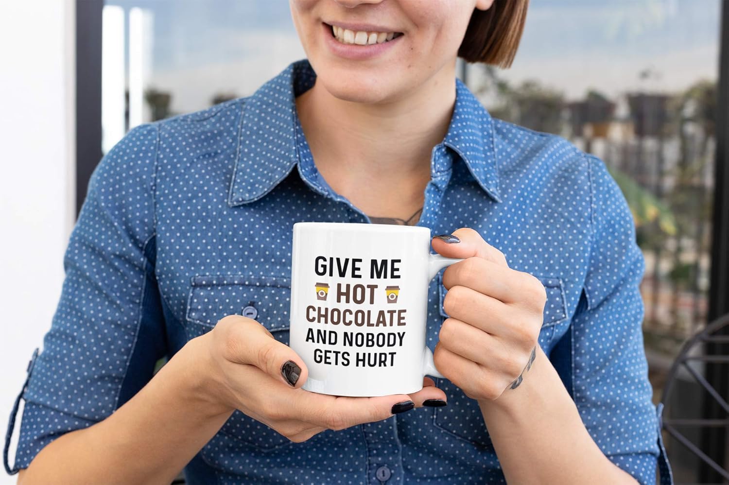 Funny Hot Cocoa Mug. Give Me Hot Chocolate and Nobody Gets Hurt 11 oz Coffee Cup. Novelty Gift idea for Winter and the Holidays.