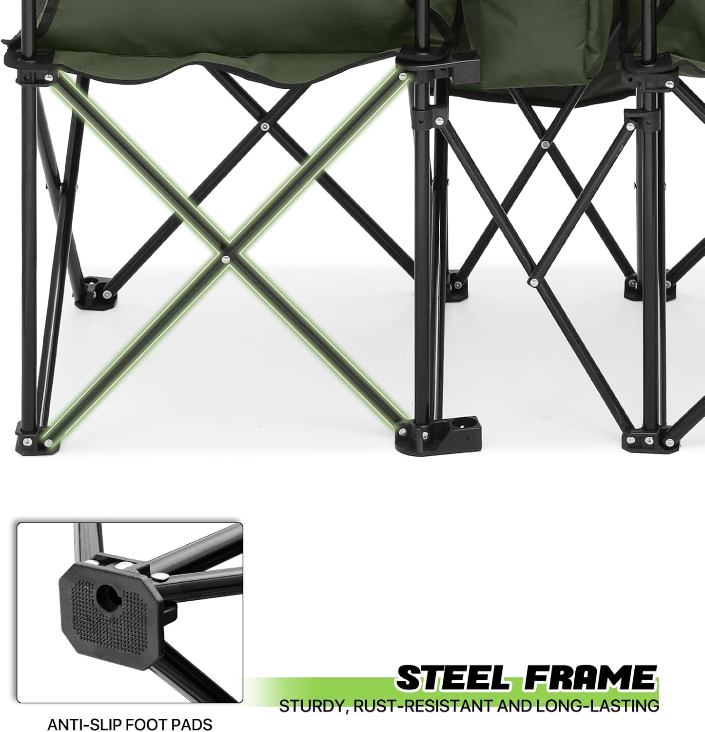 Magshion Silla de campamento doble con paraguas y enfriador para adultos, silla plegable de alta resistencia, color verde oscuro